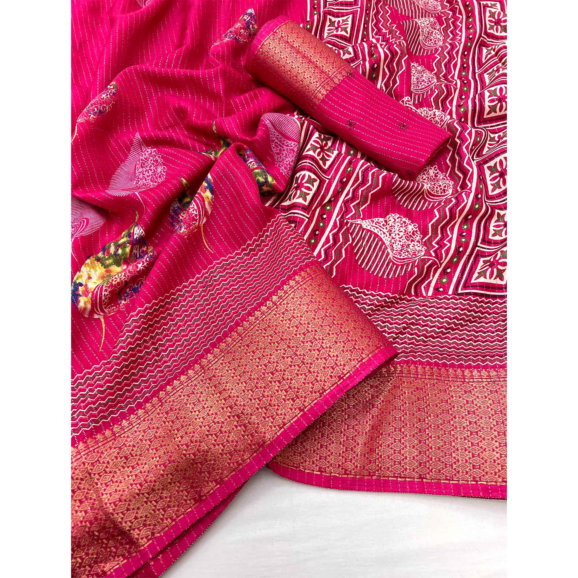 Pink Floral Printed Dola Silk Saree With Jacquard Border