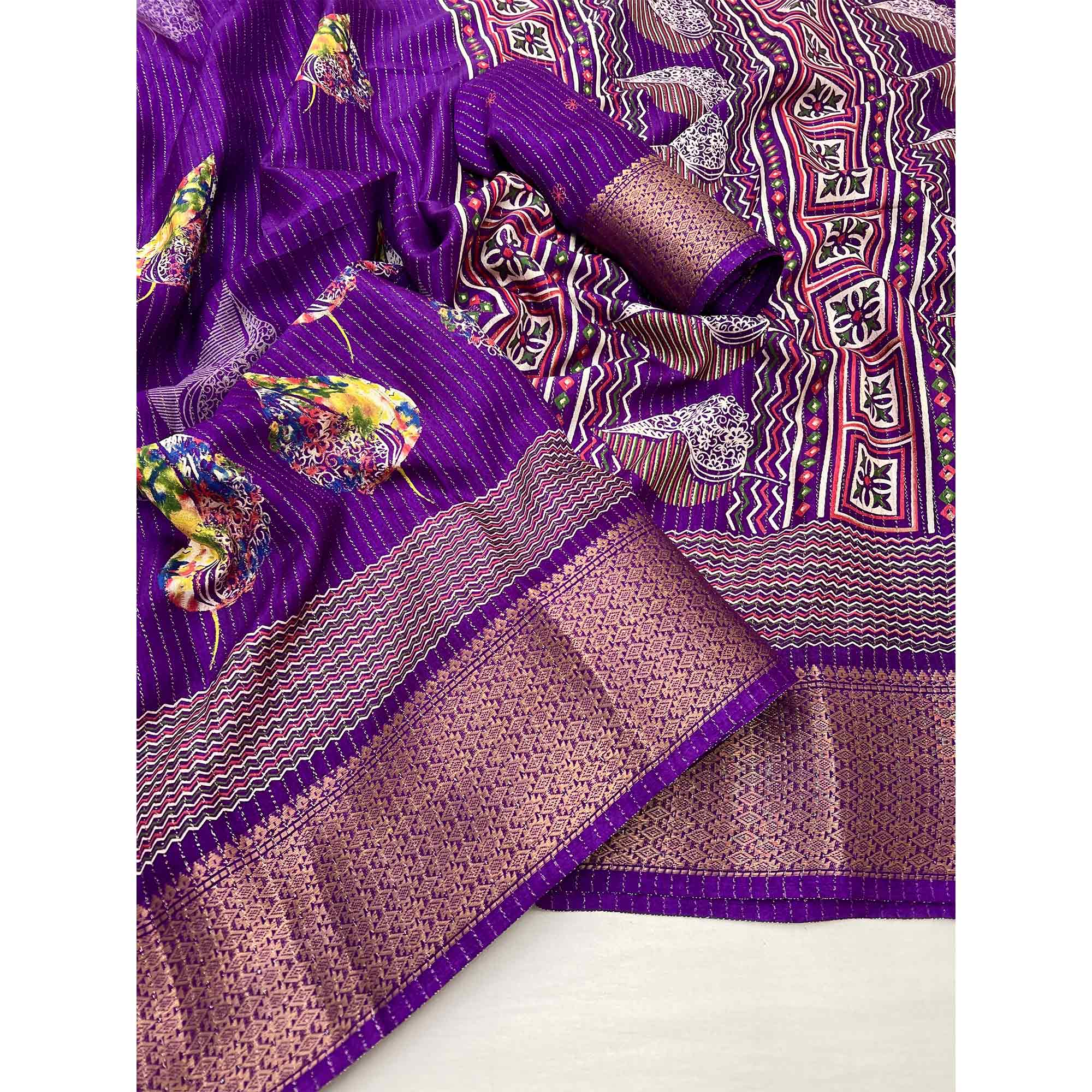 Purple Floral Printed Dola Silk Saree With Jacquard Border