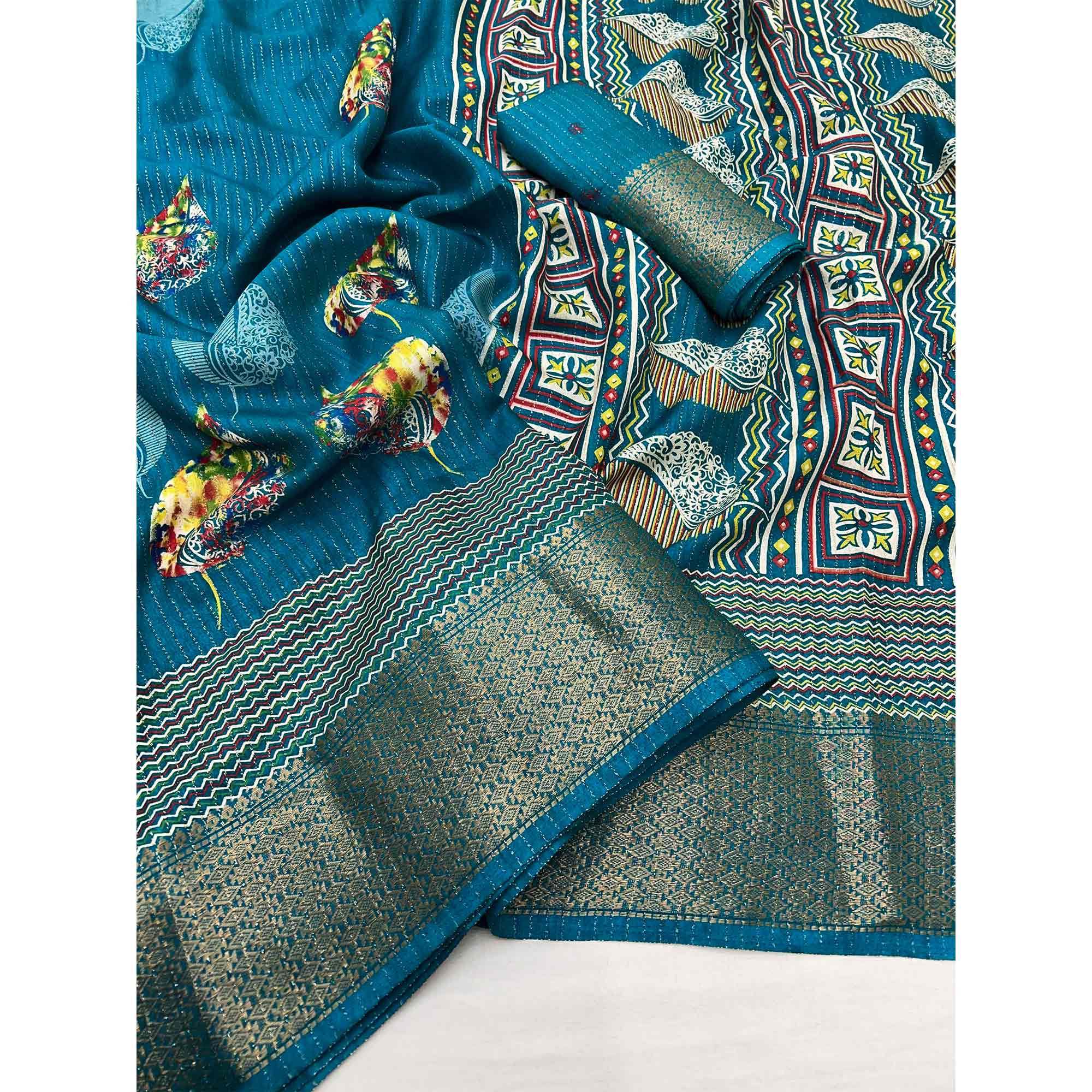 Teal Floral Printed Dola Silk Saree With Jacquard Border