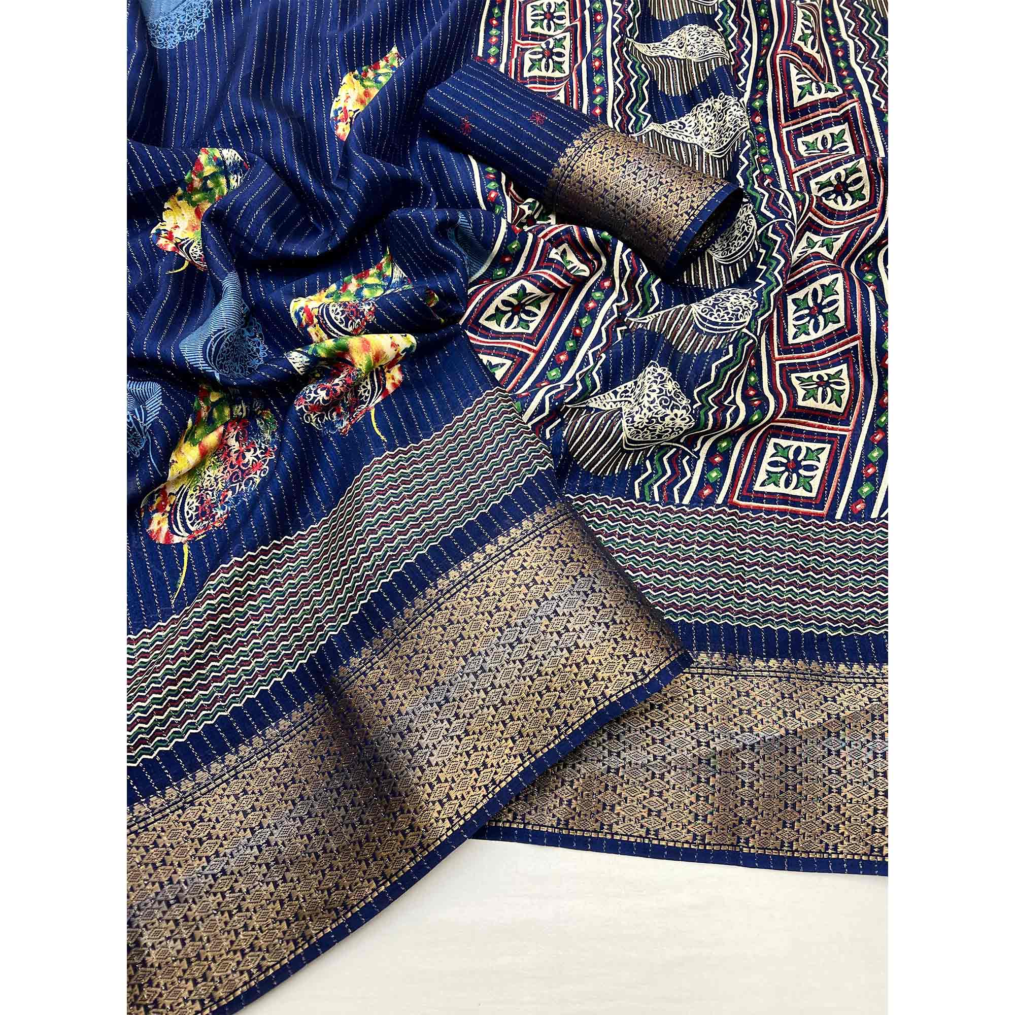 Blue Floral Printed Dola Silk Saree With Jacquard Border