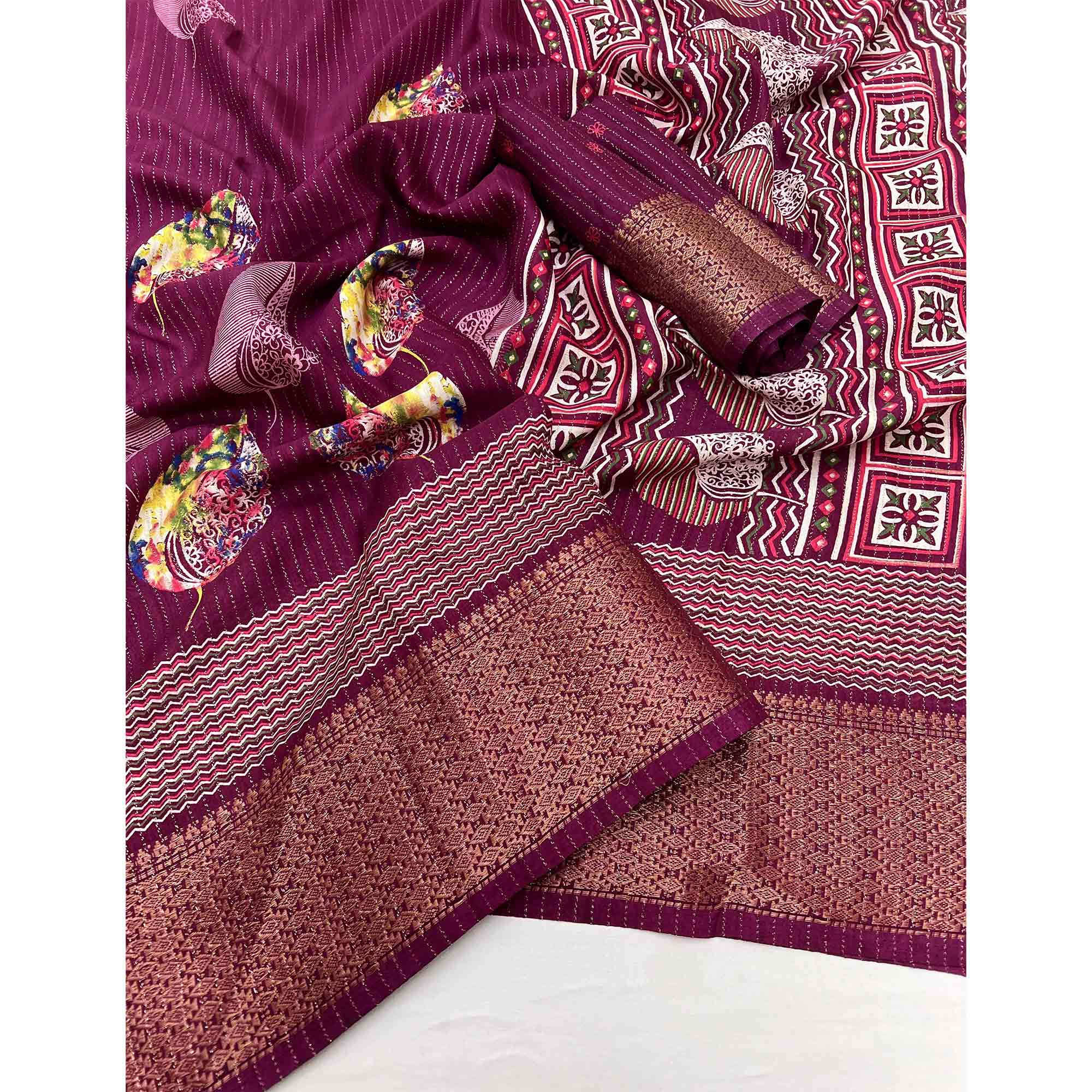 Wine Floral Printed Dola Silk Saree With Jacquard Border