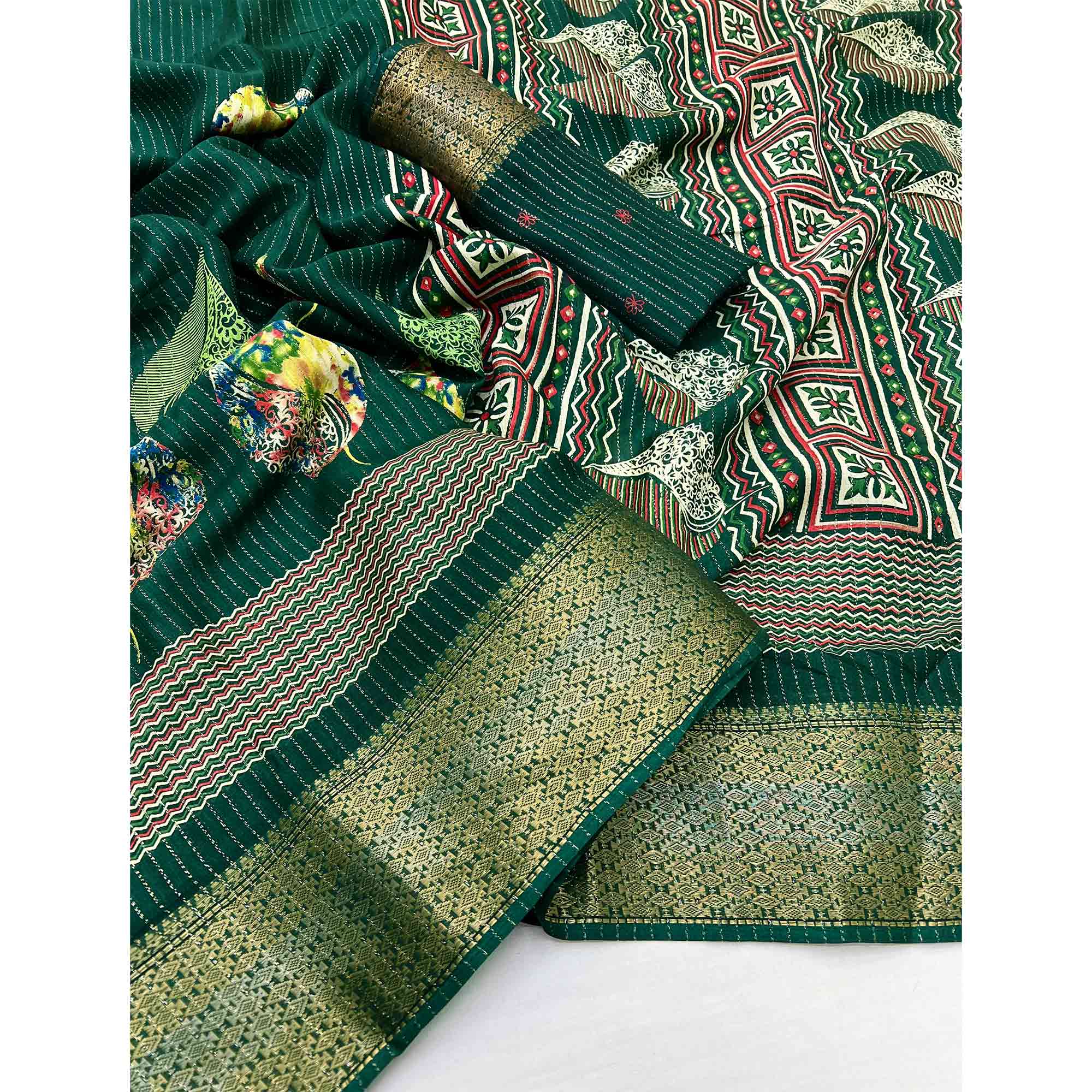 Green Floral Printed Dola Silk Saree With Jacquard Border