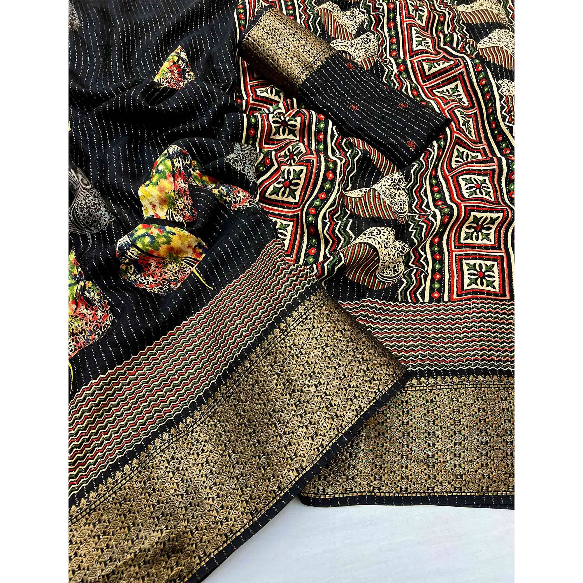 Black Floral Printed Dola Silk Saree With Jacquard Border