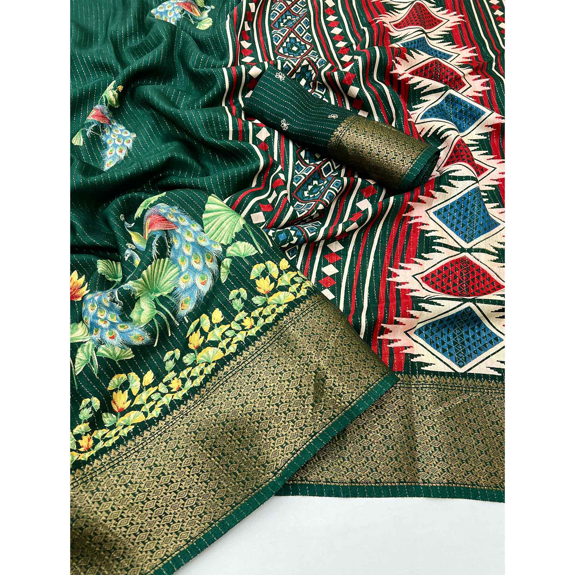 Green Floral Printed Dola Silk Saree With Jacquard Border