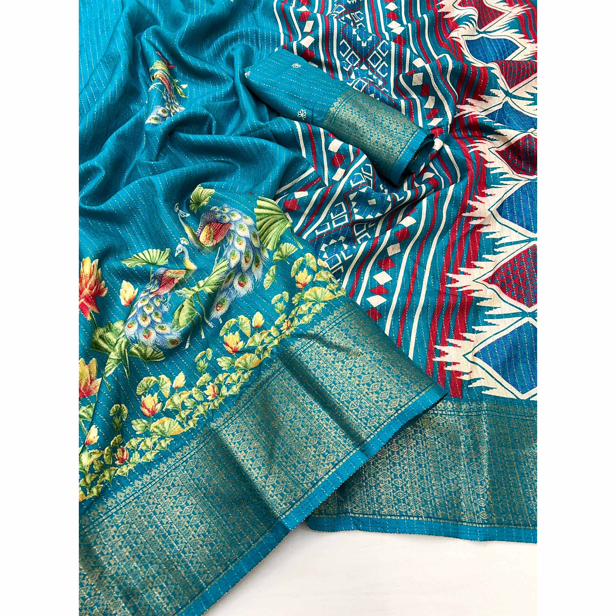 Teal Floral Printed Dola Silk Saree With Jacquard Border