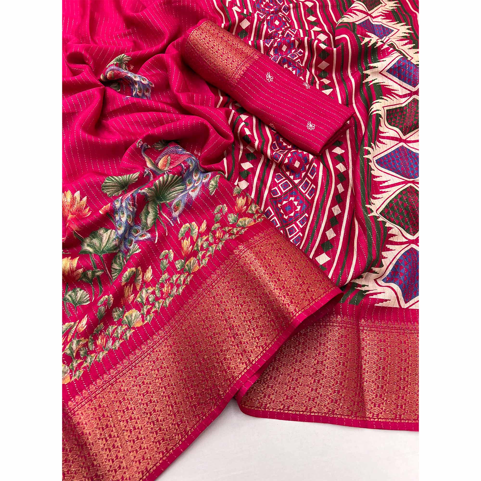 Pink Floral Printed Dola Silk Saree With Jacquard Border