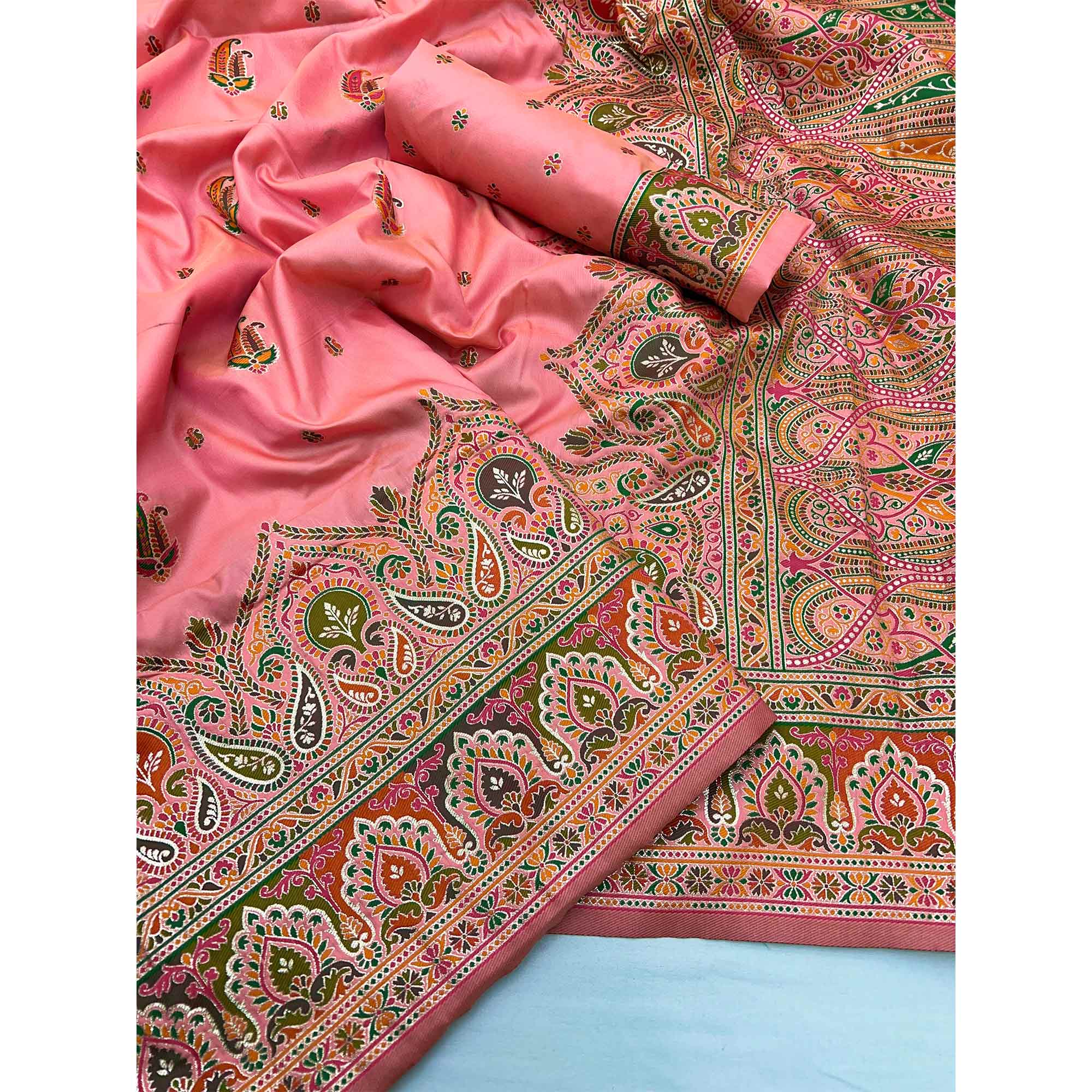 Pink Floral Woven Pure Silk Pashmina Saree
