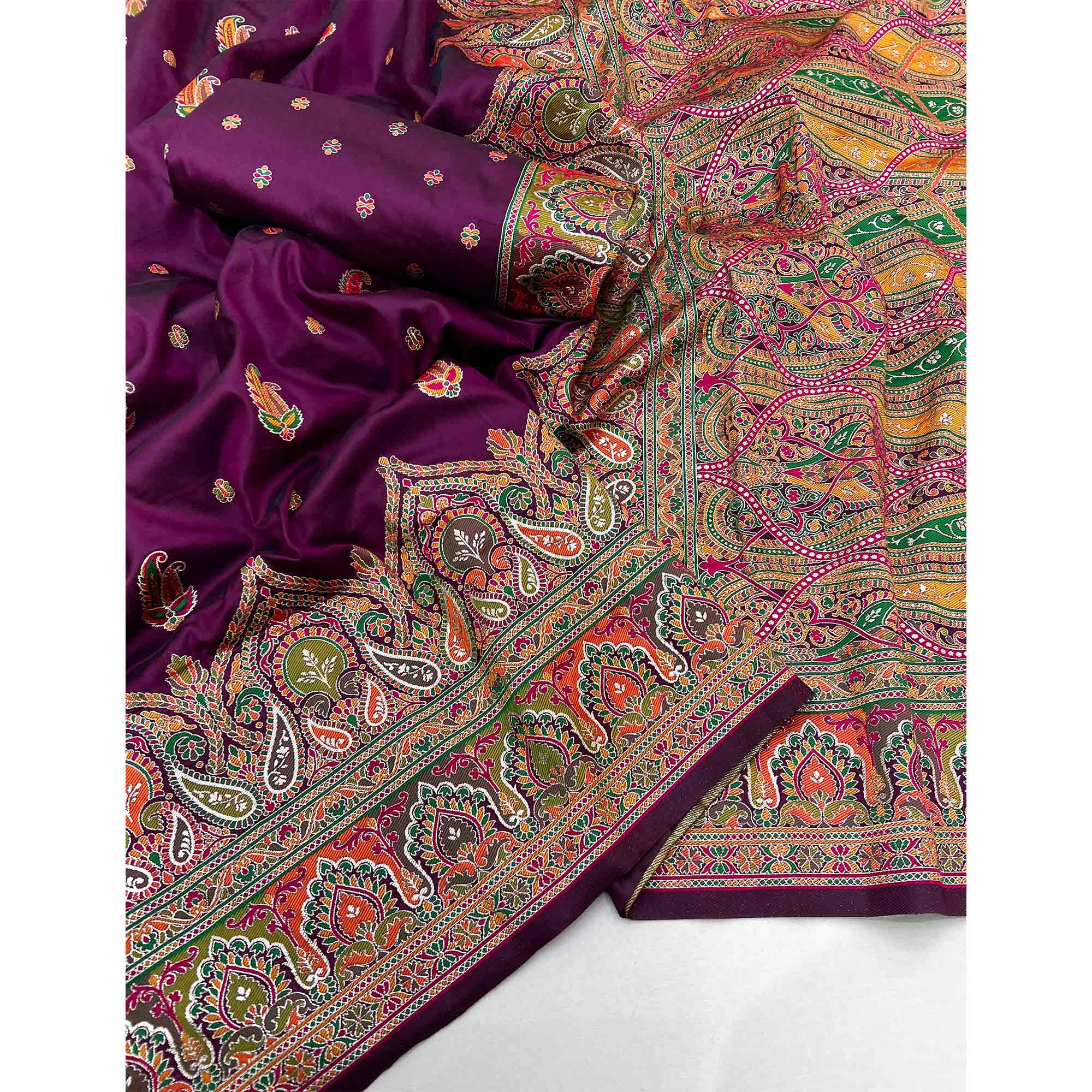 Wine Floral Woven Pure Silk Pashmina Saree