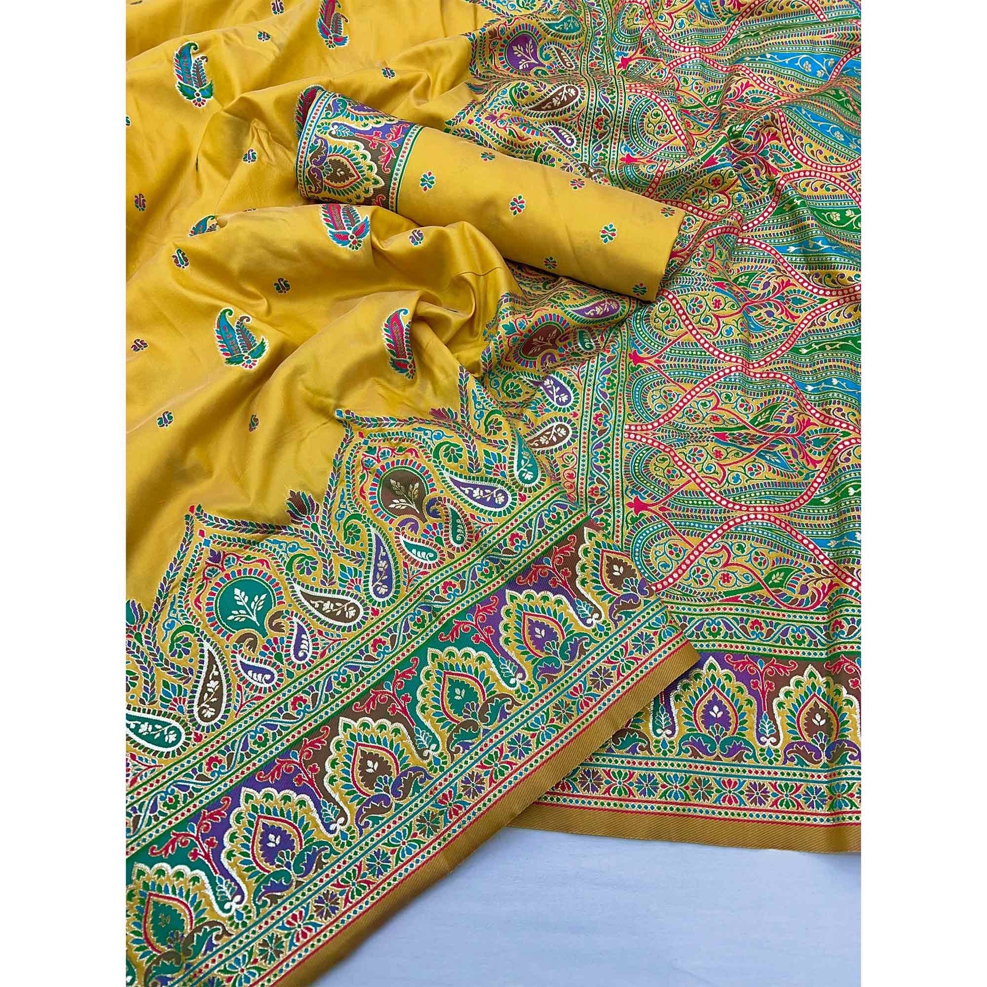 Mustard Floral Woven Pure Silk Pashmina Saree