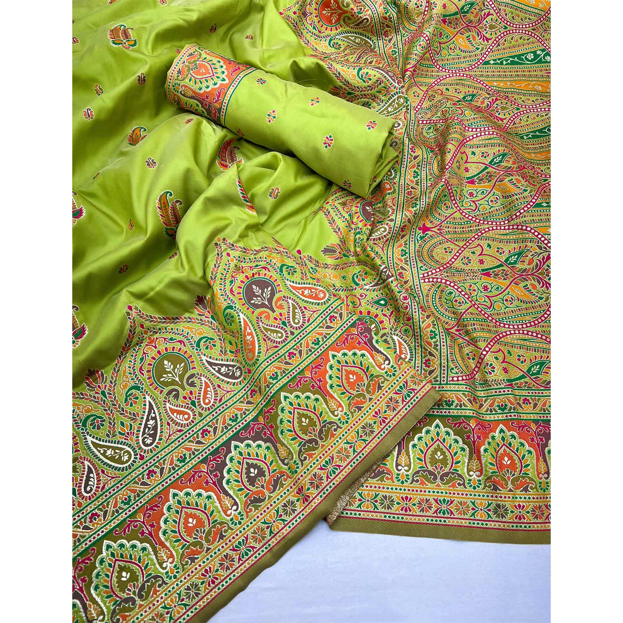 Green Floral Woven Pure Silk Pashmina Saree