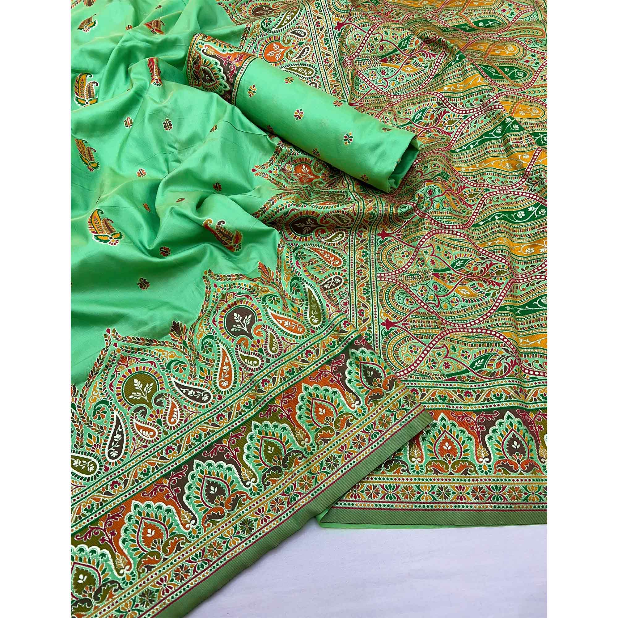 Aqua Green Floral Woven Pure Silk Pashmina Saree