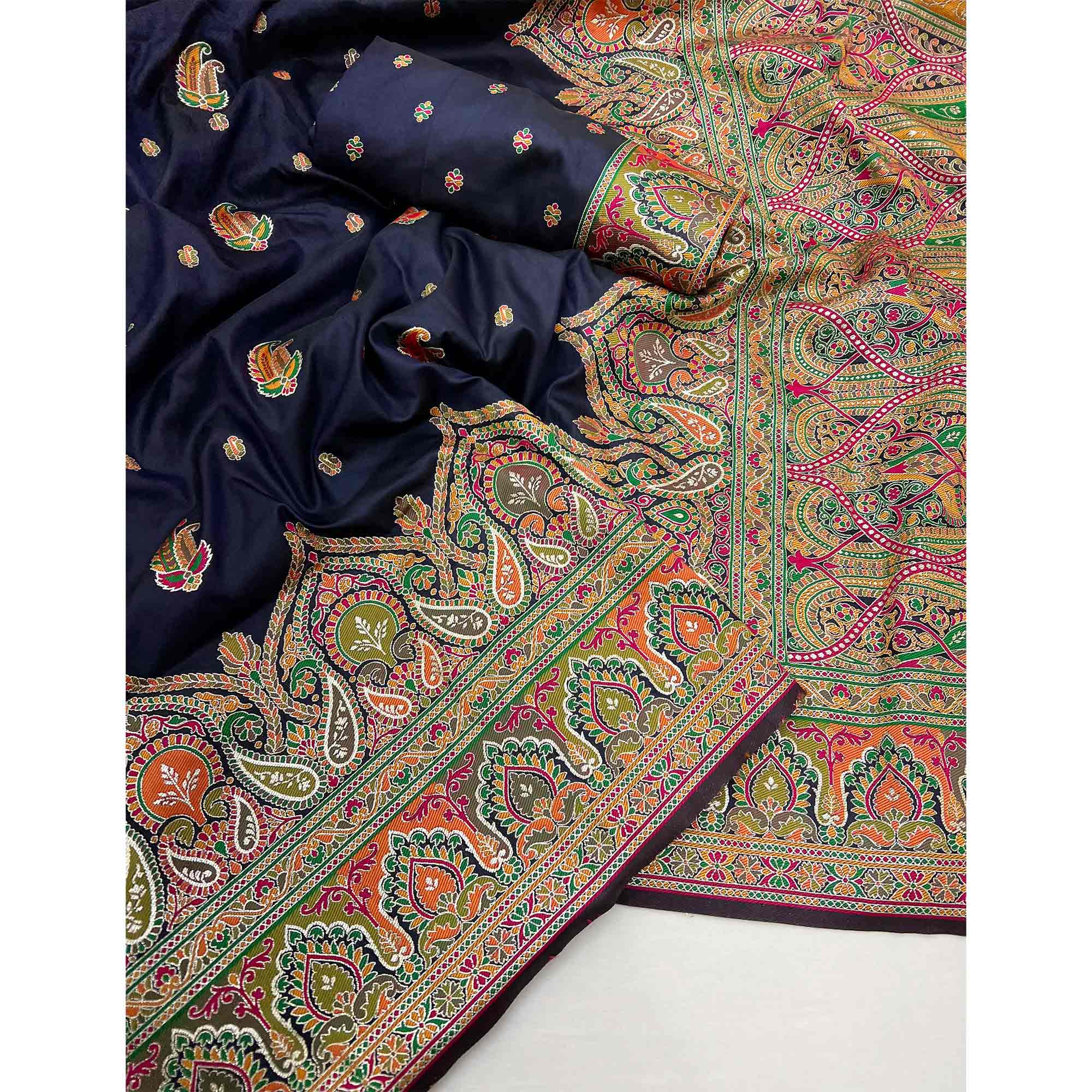 Navy Blue Floral Woven Pure Silk Pashmina Saree