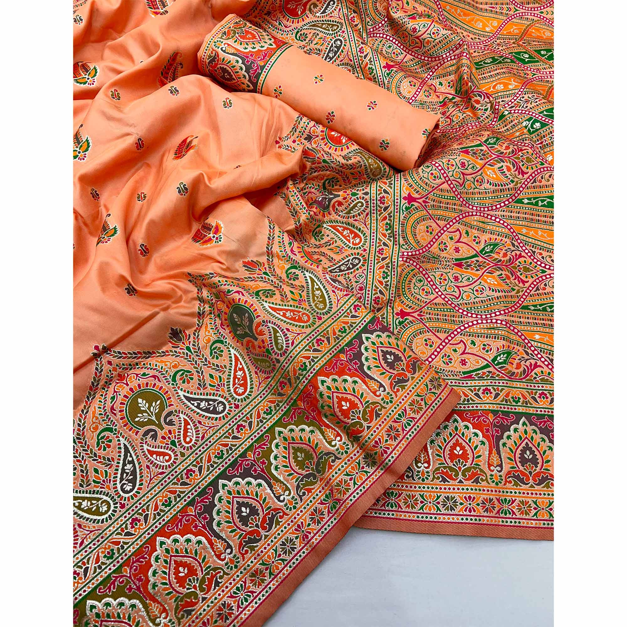 Peach Floral Woven Pure Silk Pashmina Saree