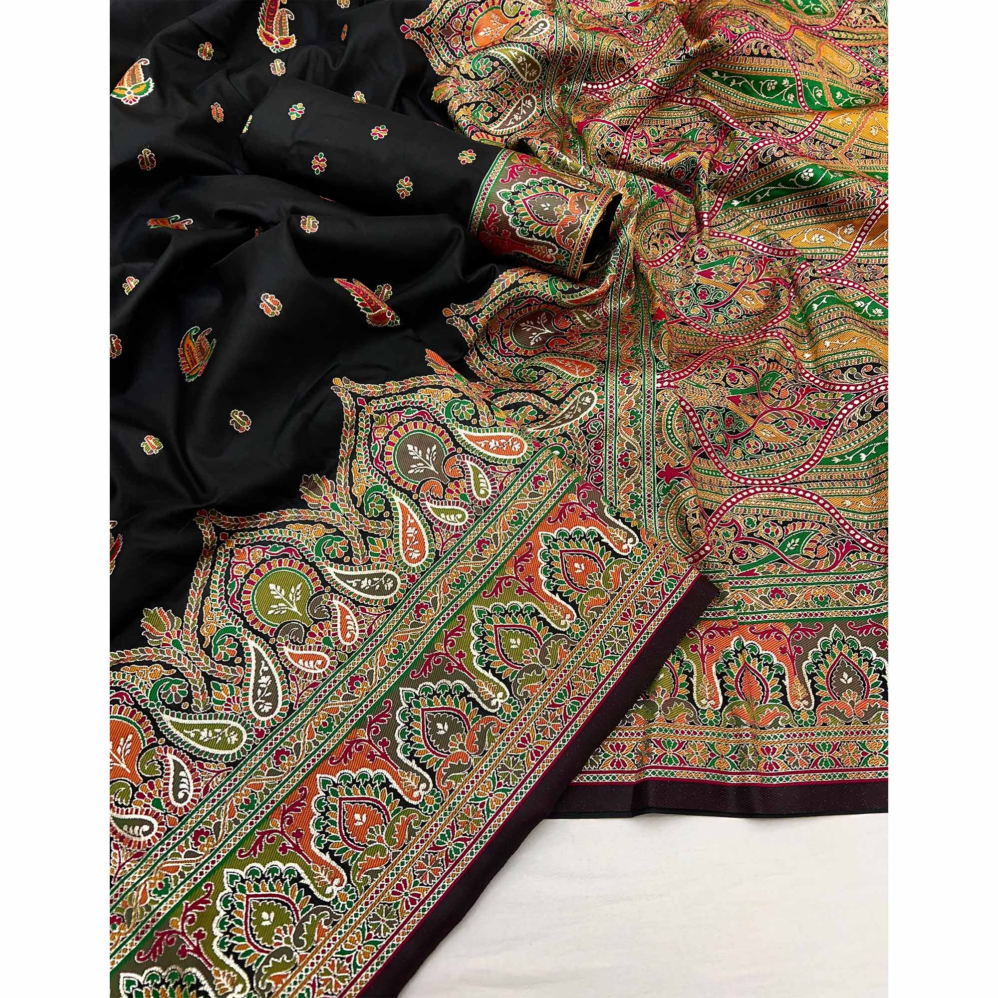 Black Floral Woven Pure Silk Pashmina Saree