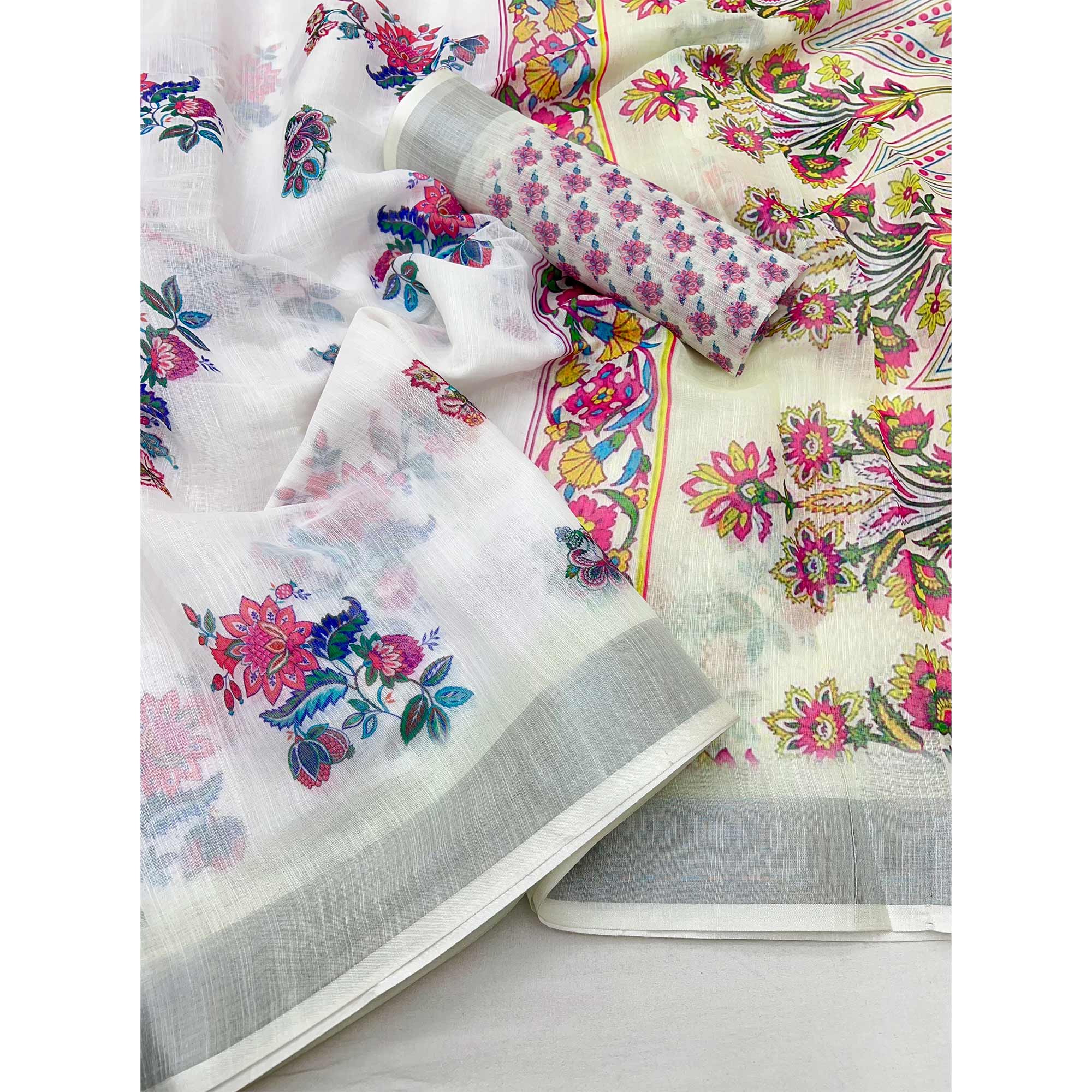 White Floral Digital Printed Linen Saree With Zari Border