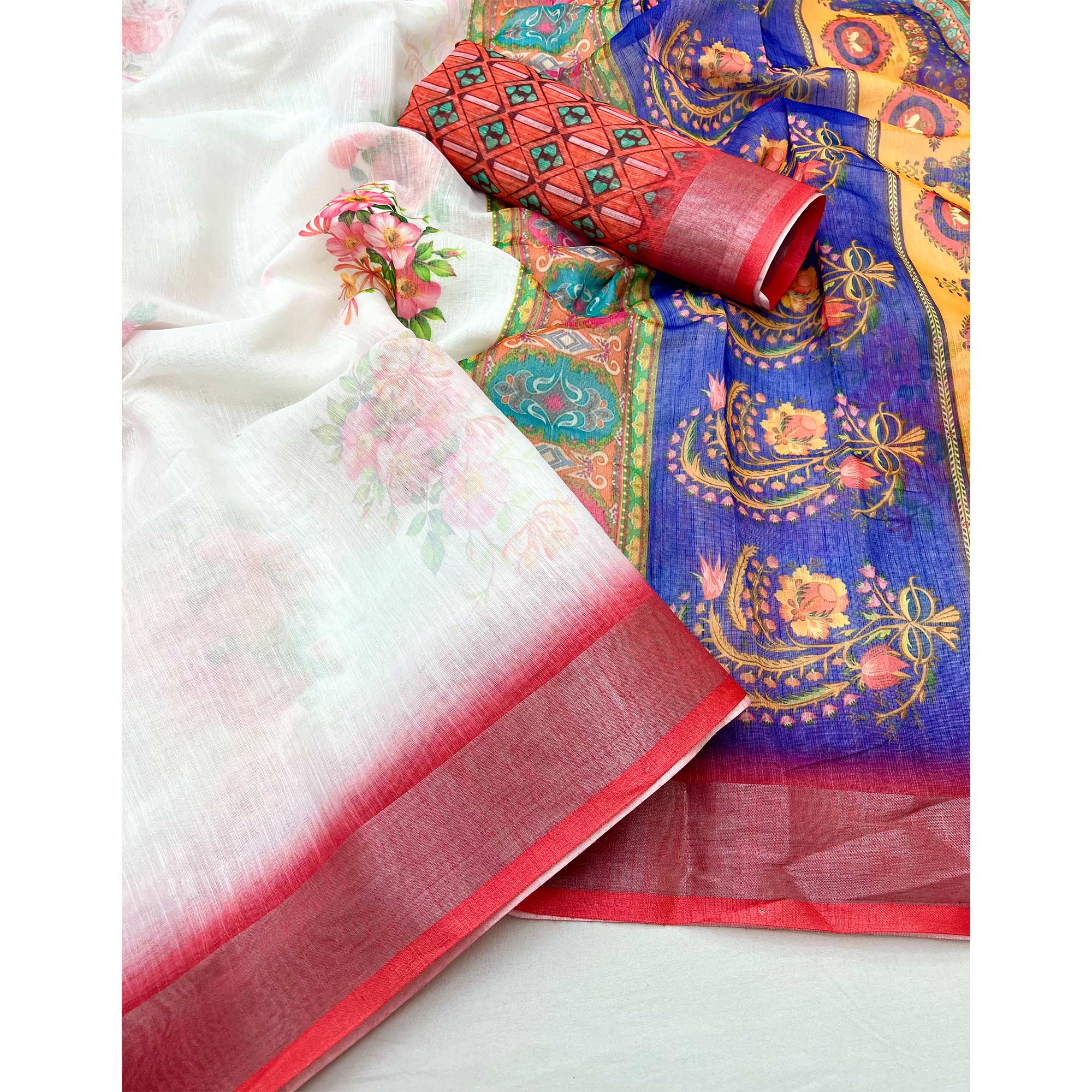 White & Red Floral Digital Printed Linen Saree With Zari Border