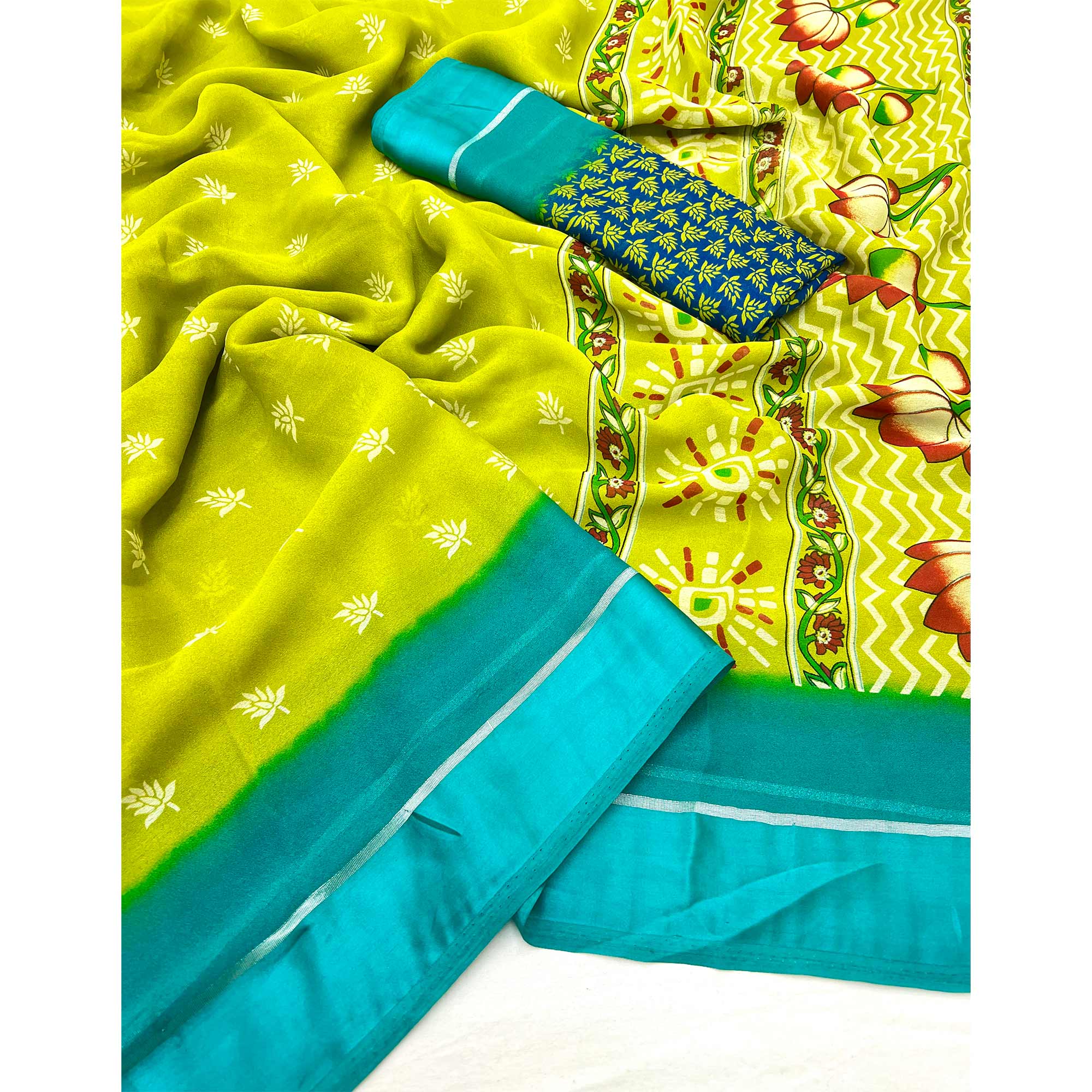Green Floral Printed Georgette Saree With Zari Border