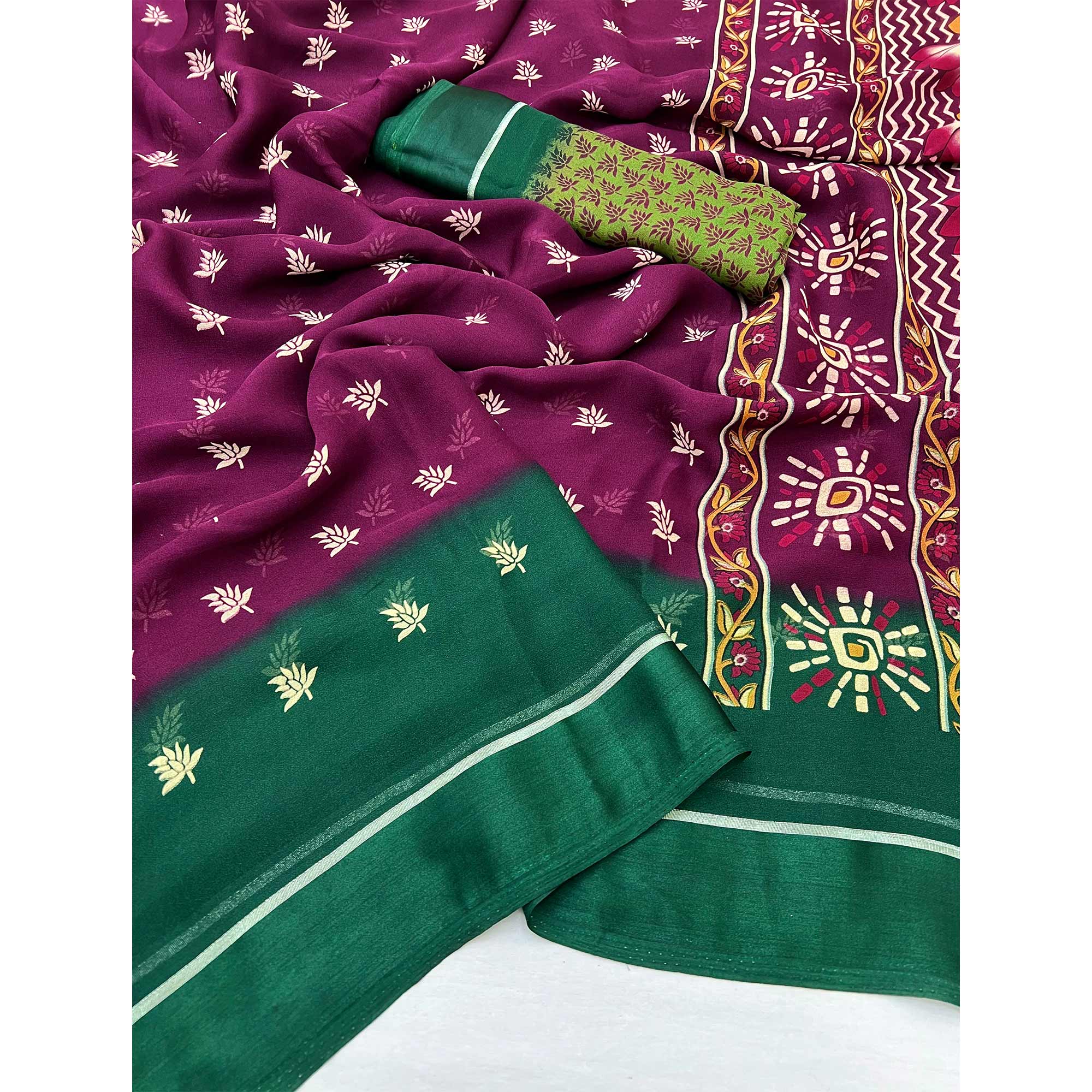 Wine Floral Printed Georgette Saree With Zari Border