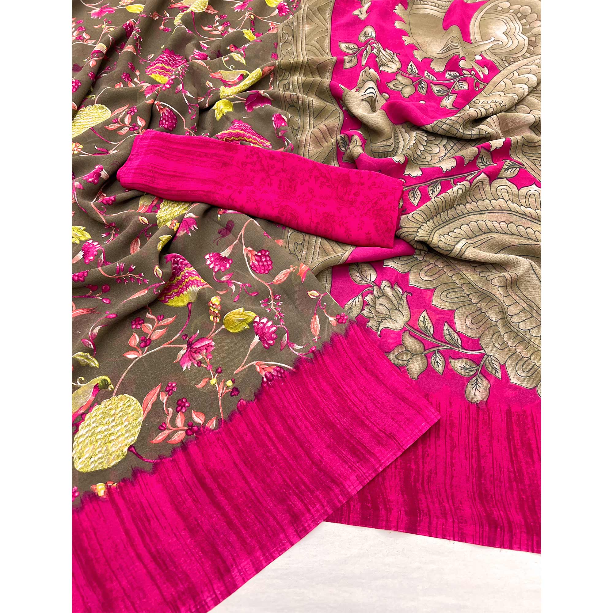 Brown Floral Printed Georgette Saree