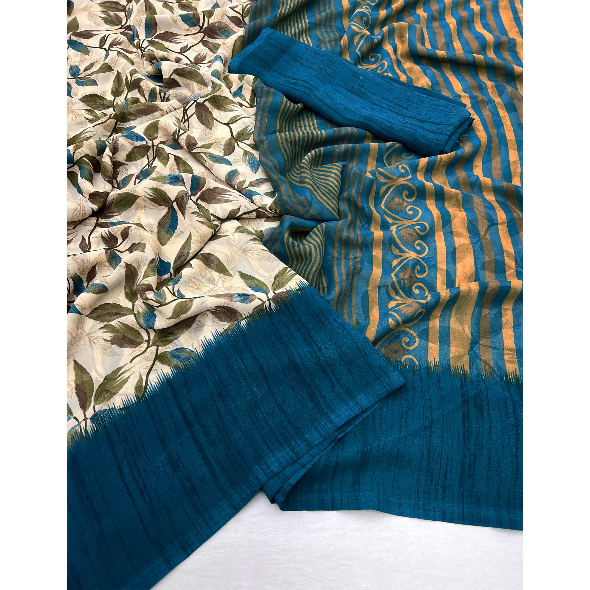 Beige & Blue Floral Printed Georgette Saree
