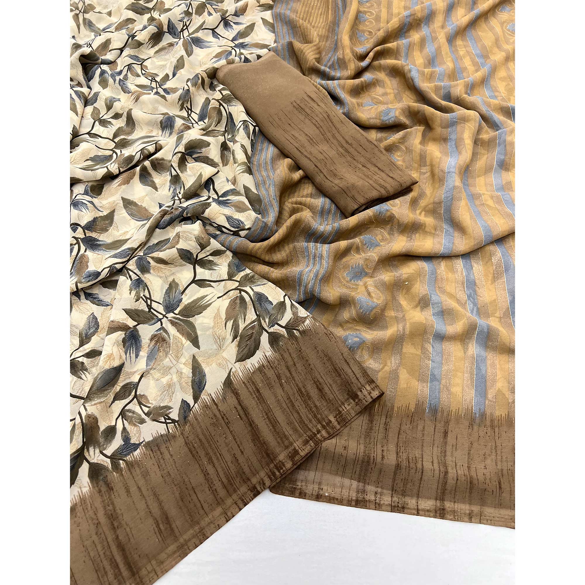 Beige & Brown Floral Printed Georgette Saree