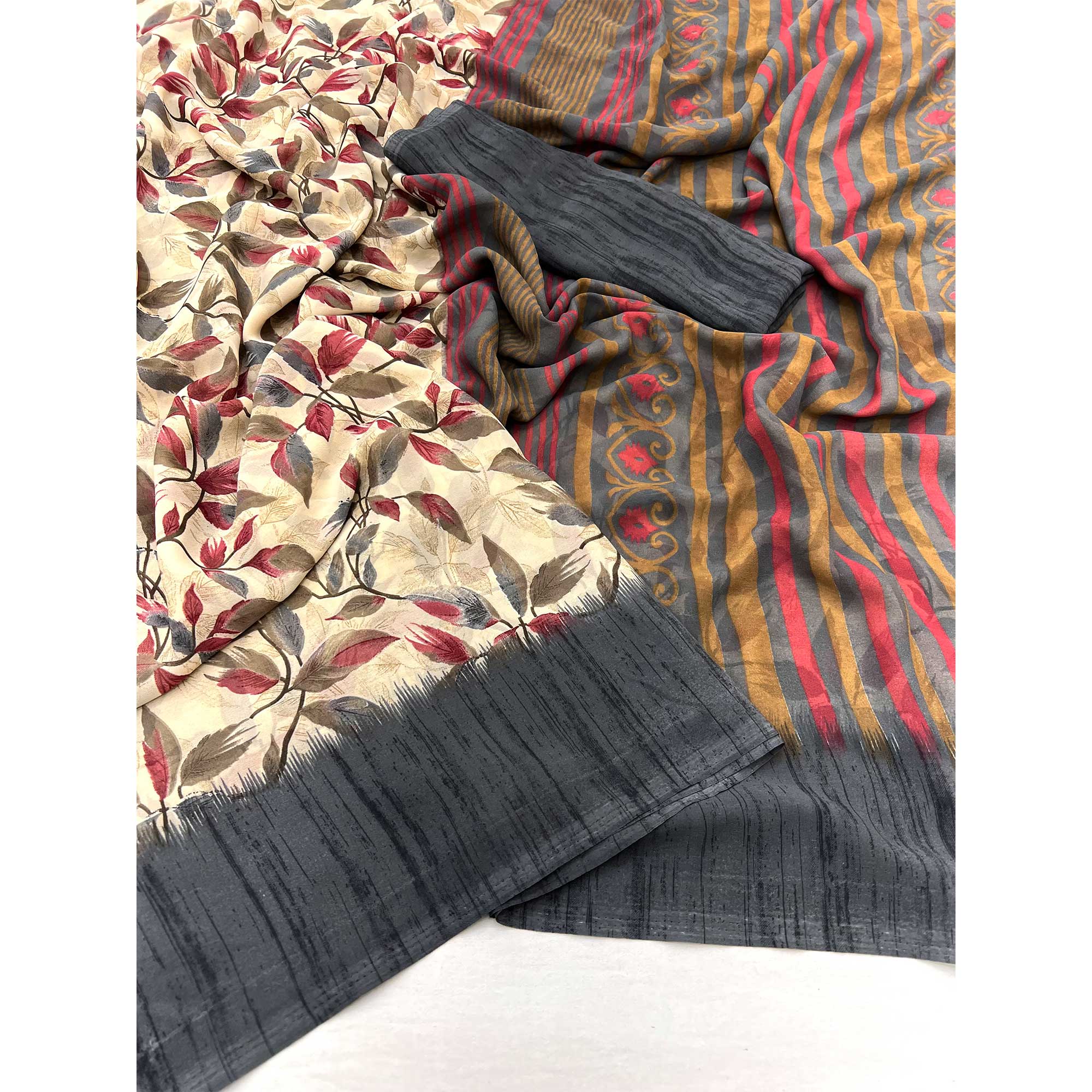 Beige & Grey Floral Printed Georgette Saree