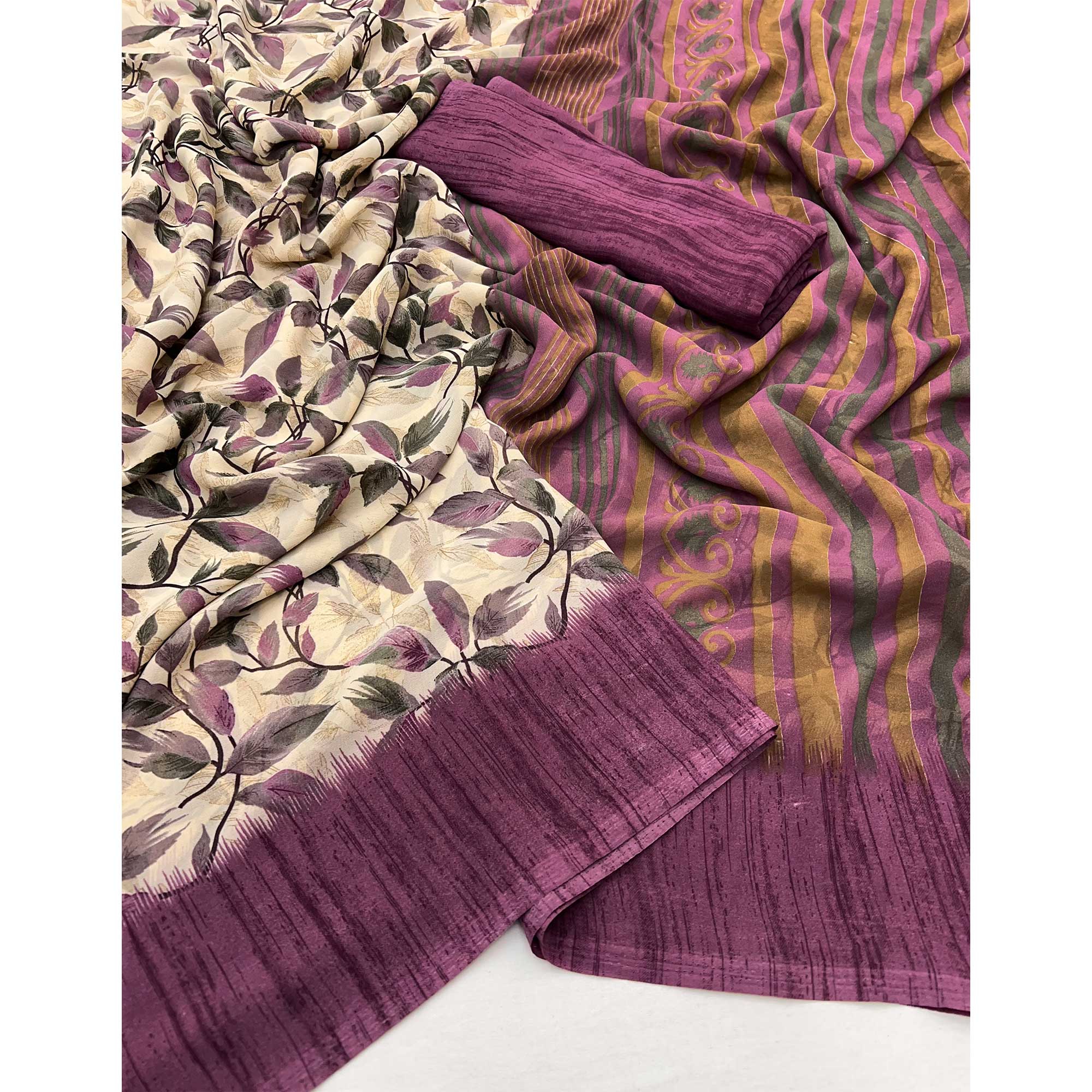 Beige & Mauve Floral Printed Georgette Saree