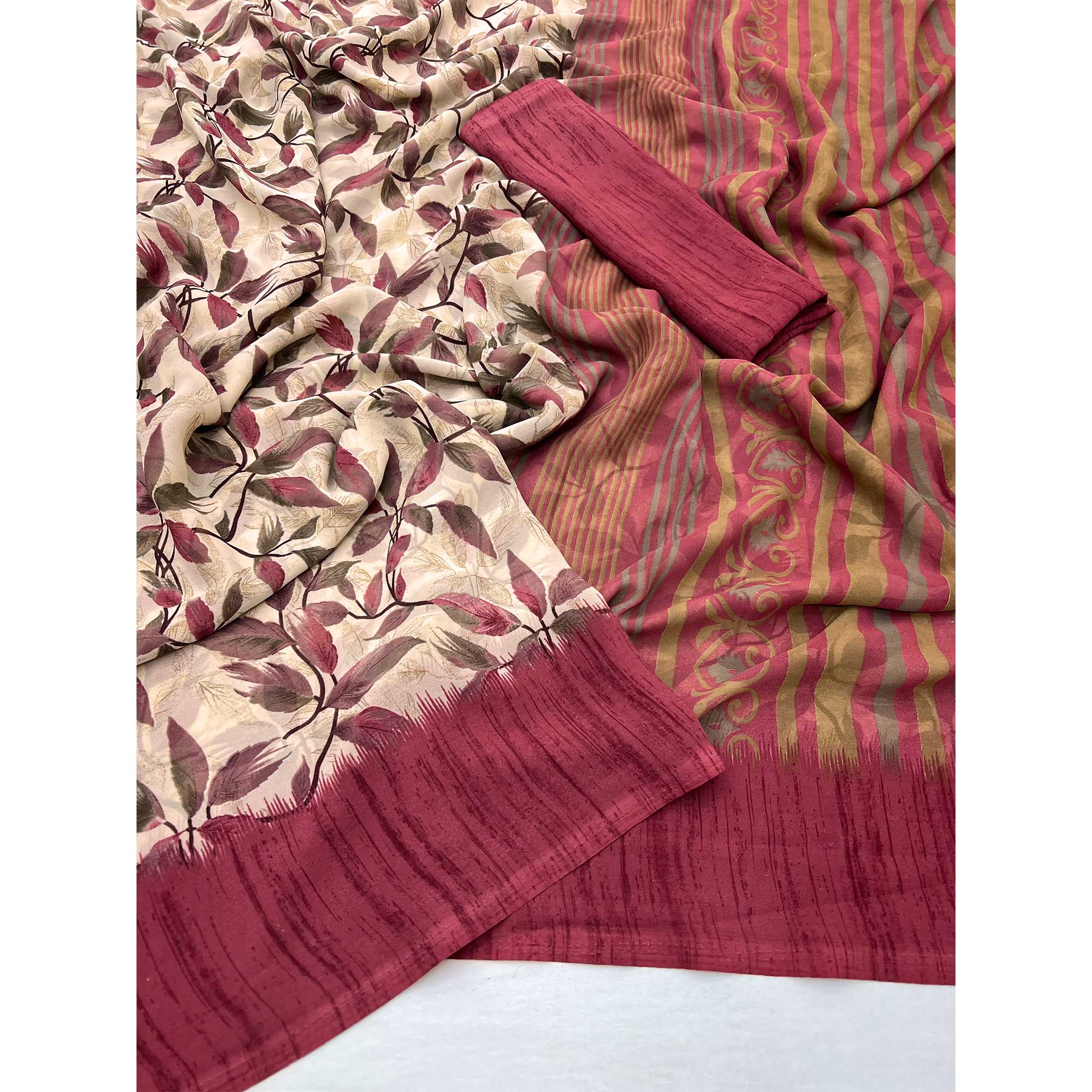 Beige & Maroon Floral Printed Georgette Saree