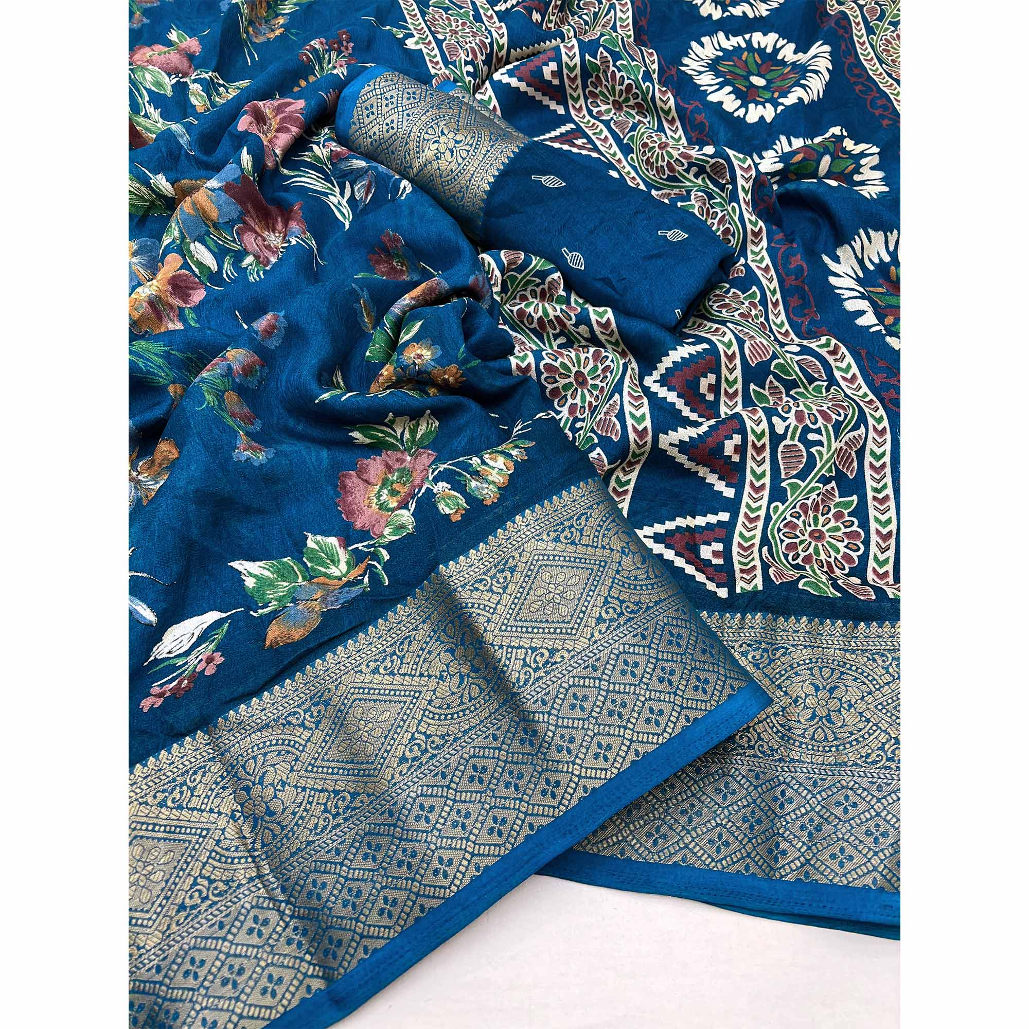 Blue Floral Printed Dola Silk Saree With Zari Border