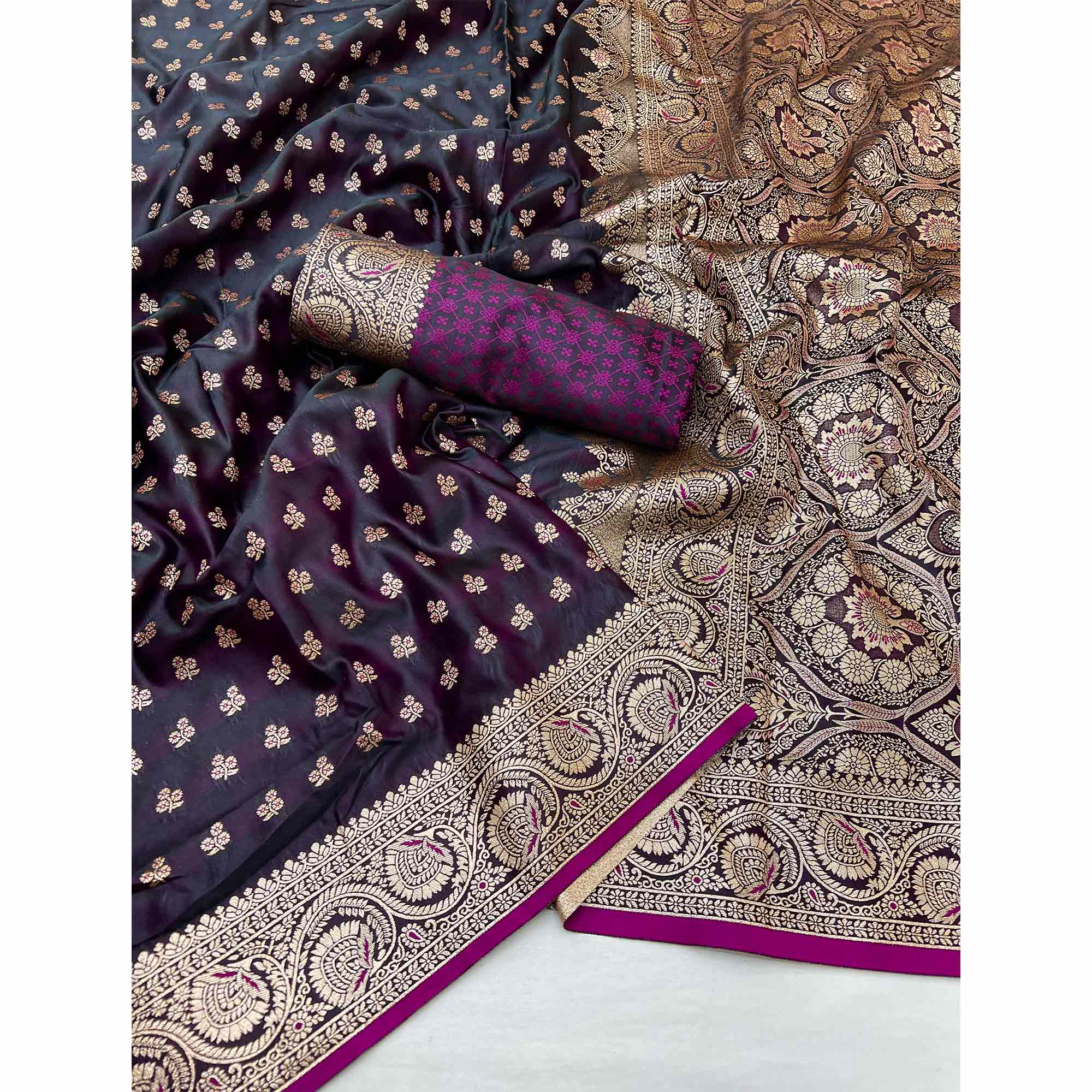 Dark Wine Floral Woven Satin Silk Saree With Zari Border