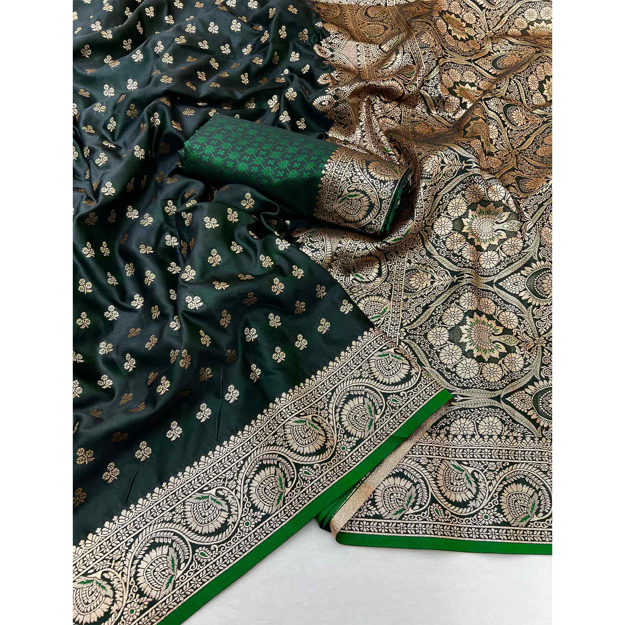 Dark Green Floral Woven Satin Silk Saree With Zari Border