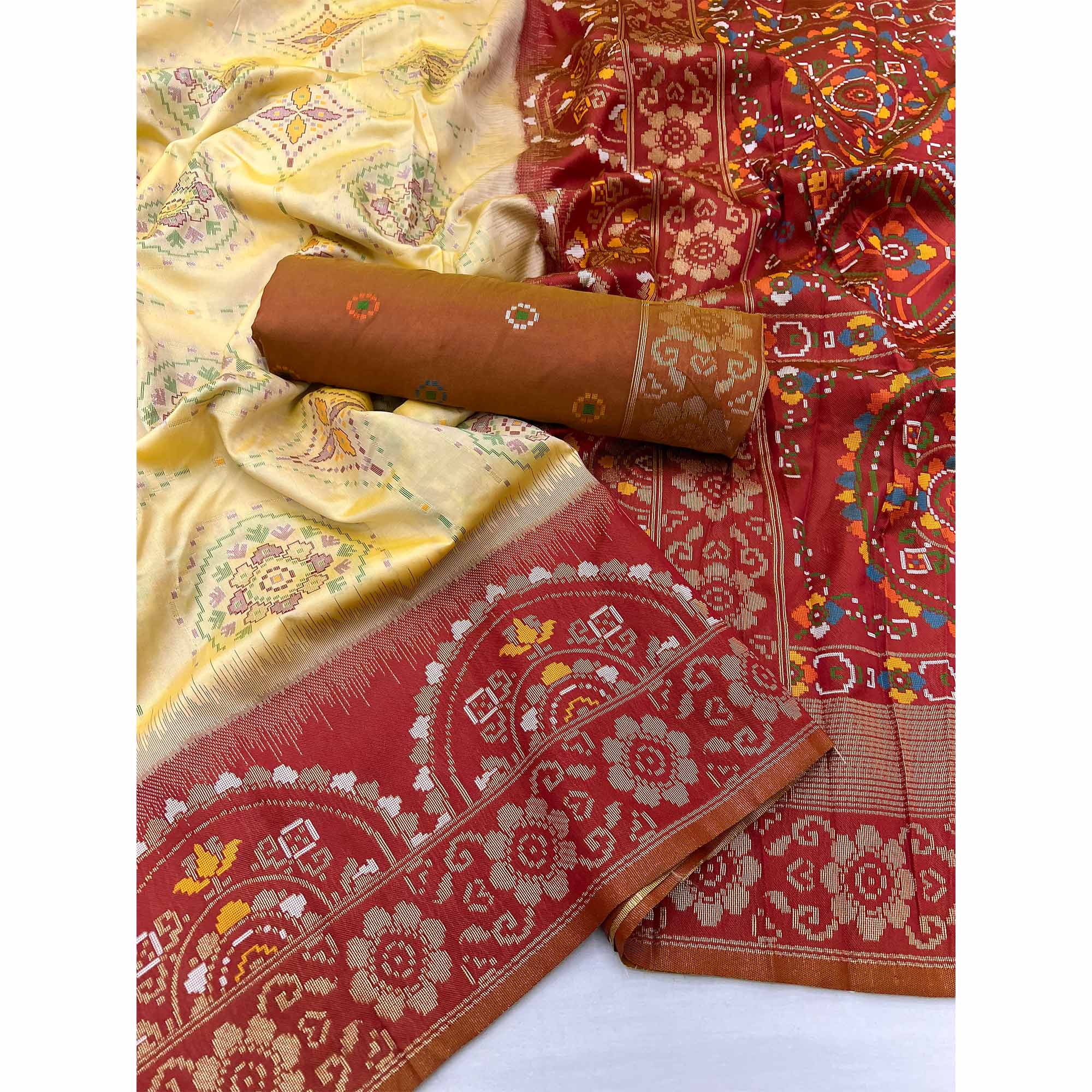 Light Yellow & Maroon Floral Woven Pure Silk Saree