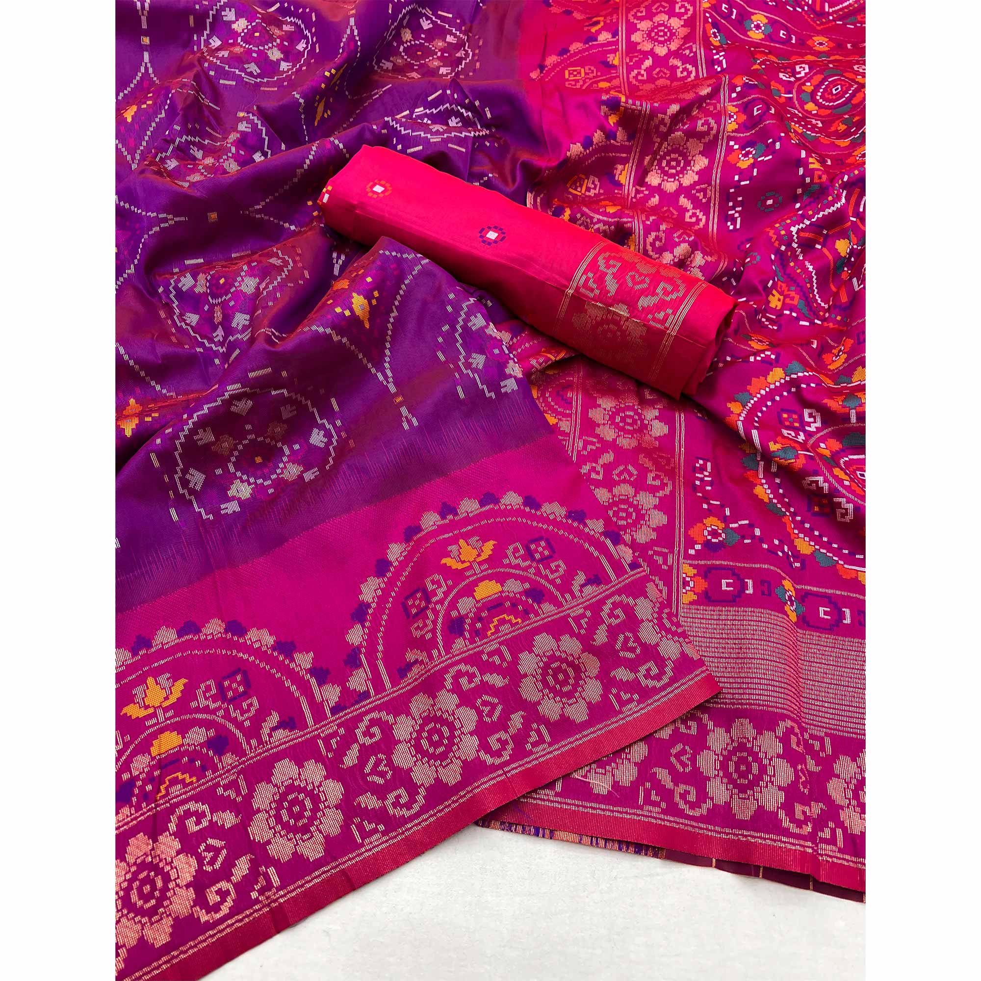Purple & Pink Floral Woven Pure Silk Saree