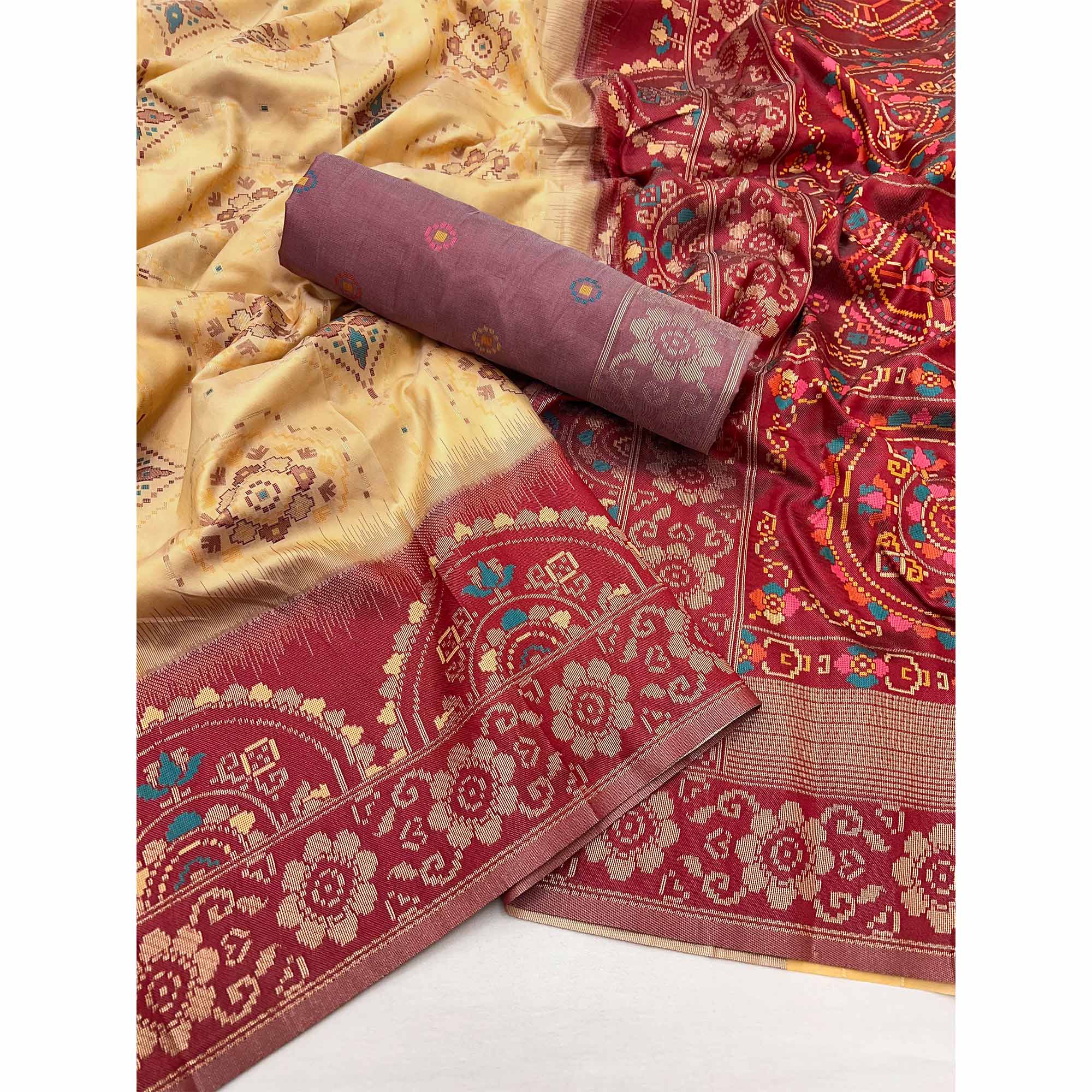 Cream & Maroon Floral Woven Pure Silk Saree