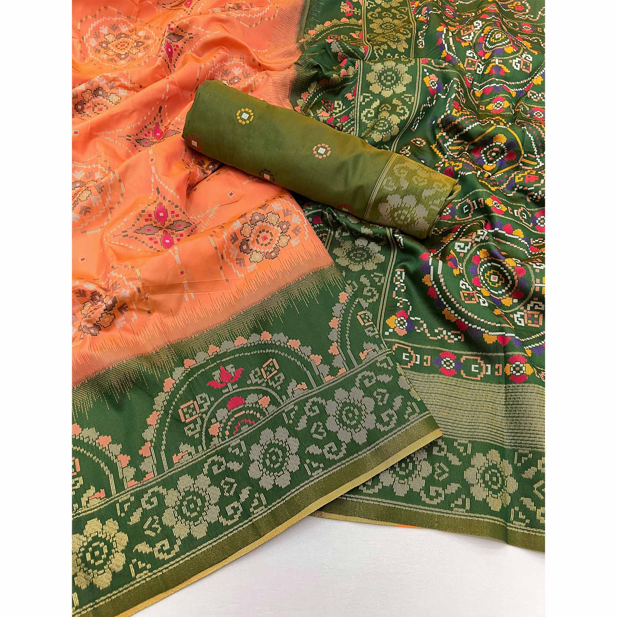 Peach & Green Floral Woven Pure Silk Saree