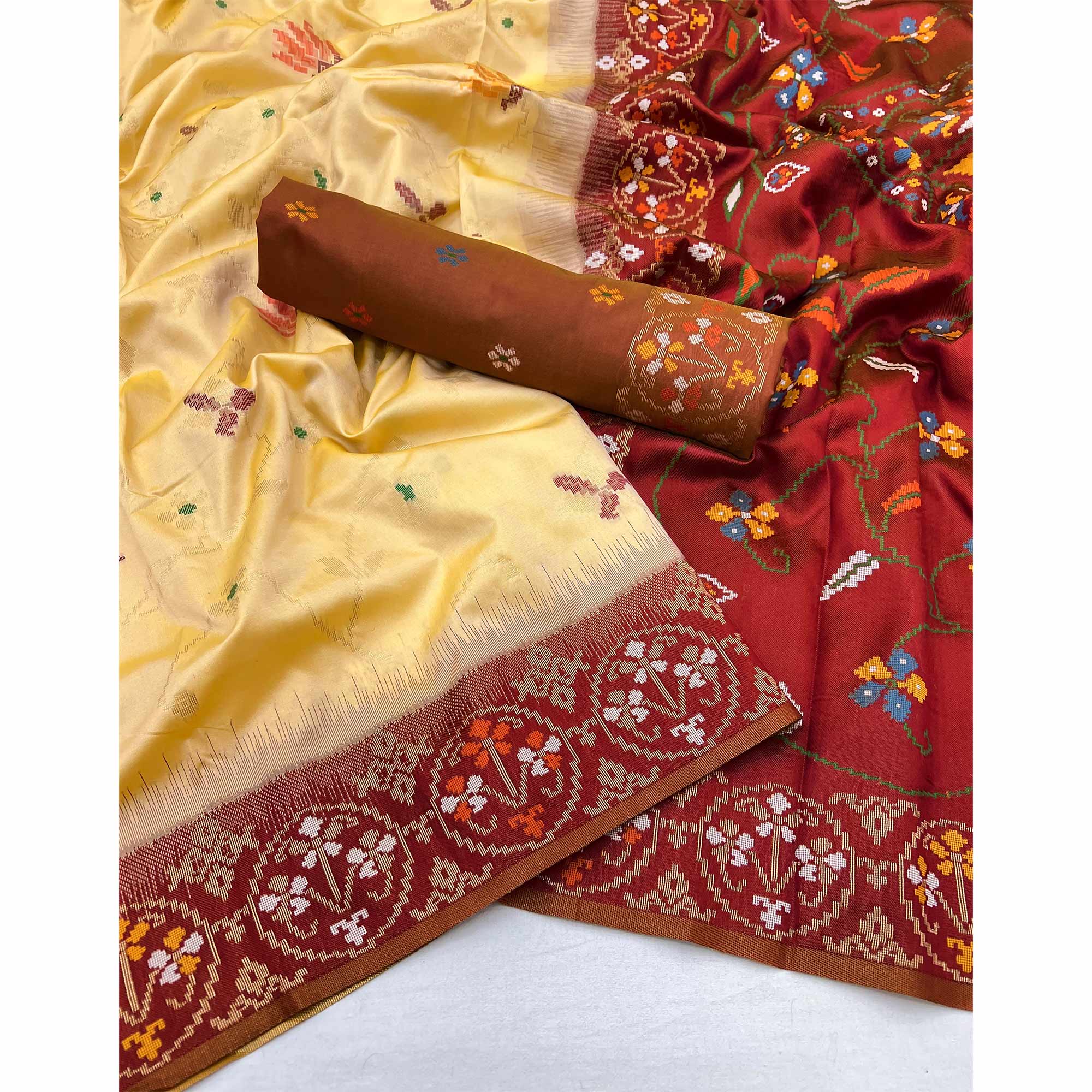 Light Yellow & Maroon Floral Woven Pure Silk Saree