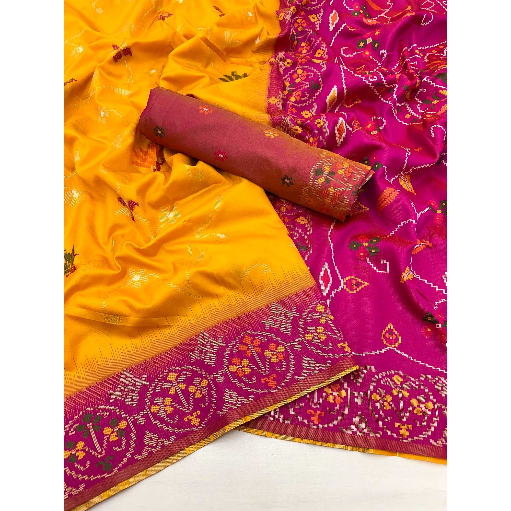 Mustard & Pink Floral Woven Pure Silk Saree