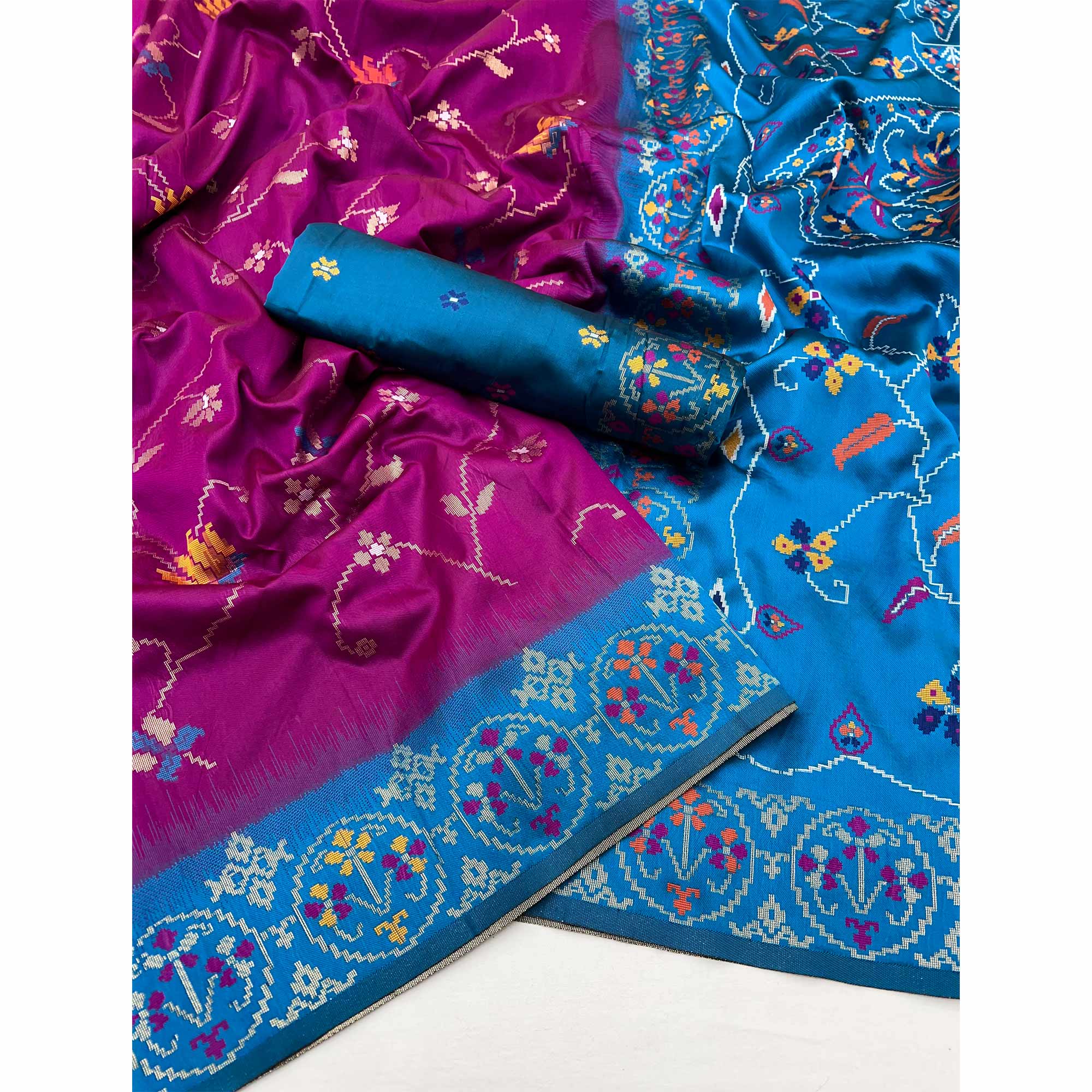 Purple & Blue Floral Woven Pure Silk Saree