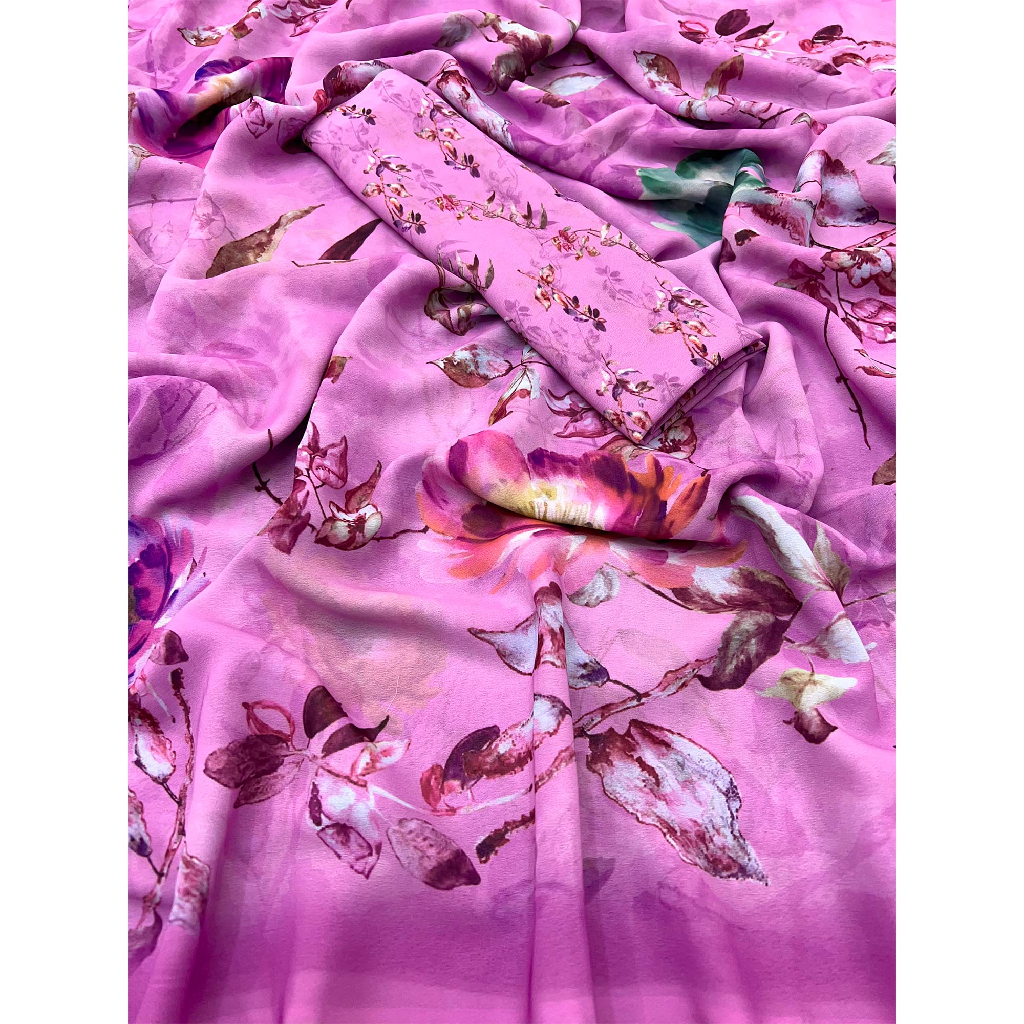 Pink Floral Digital Printed Georgette Saree