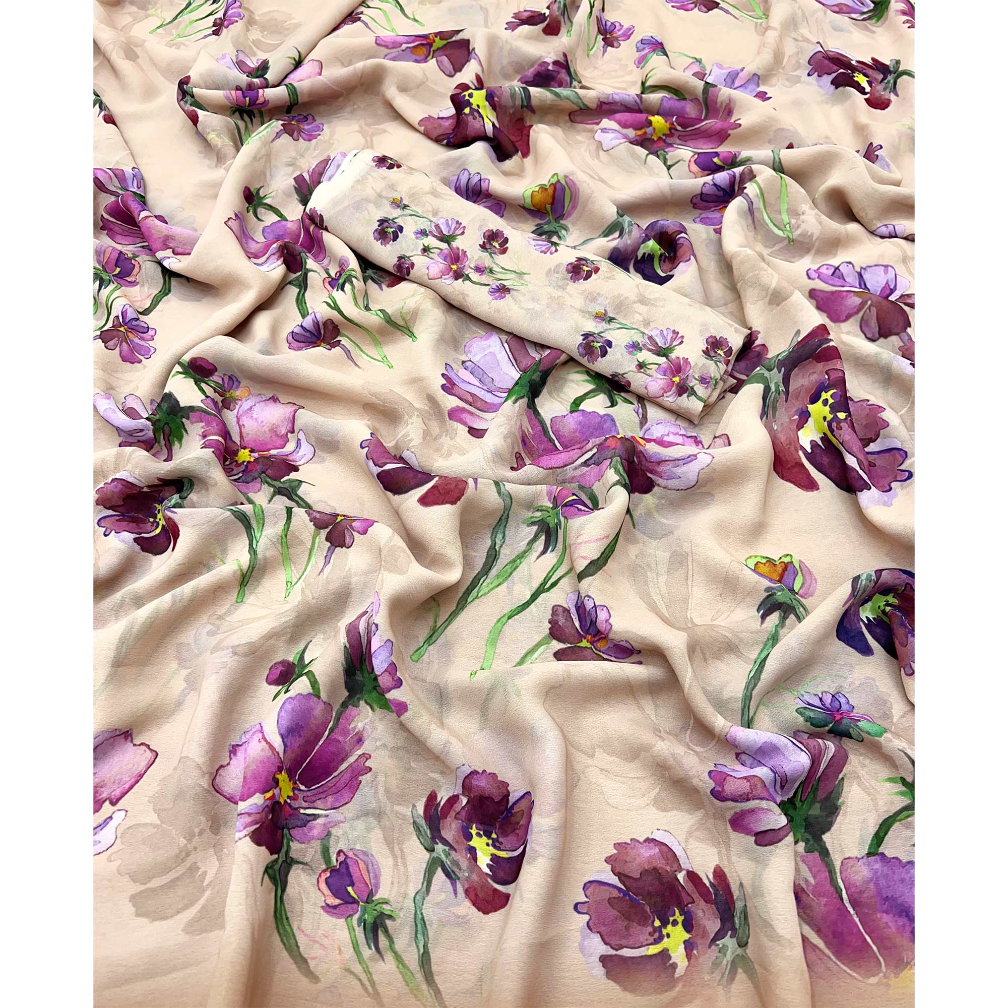 Beige Floral Digital Printed Georgette Saree