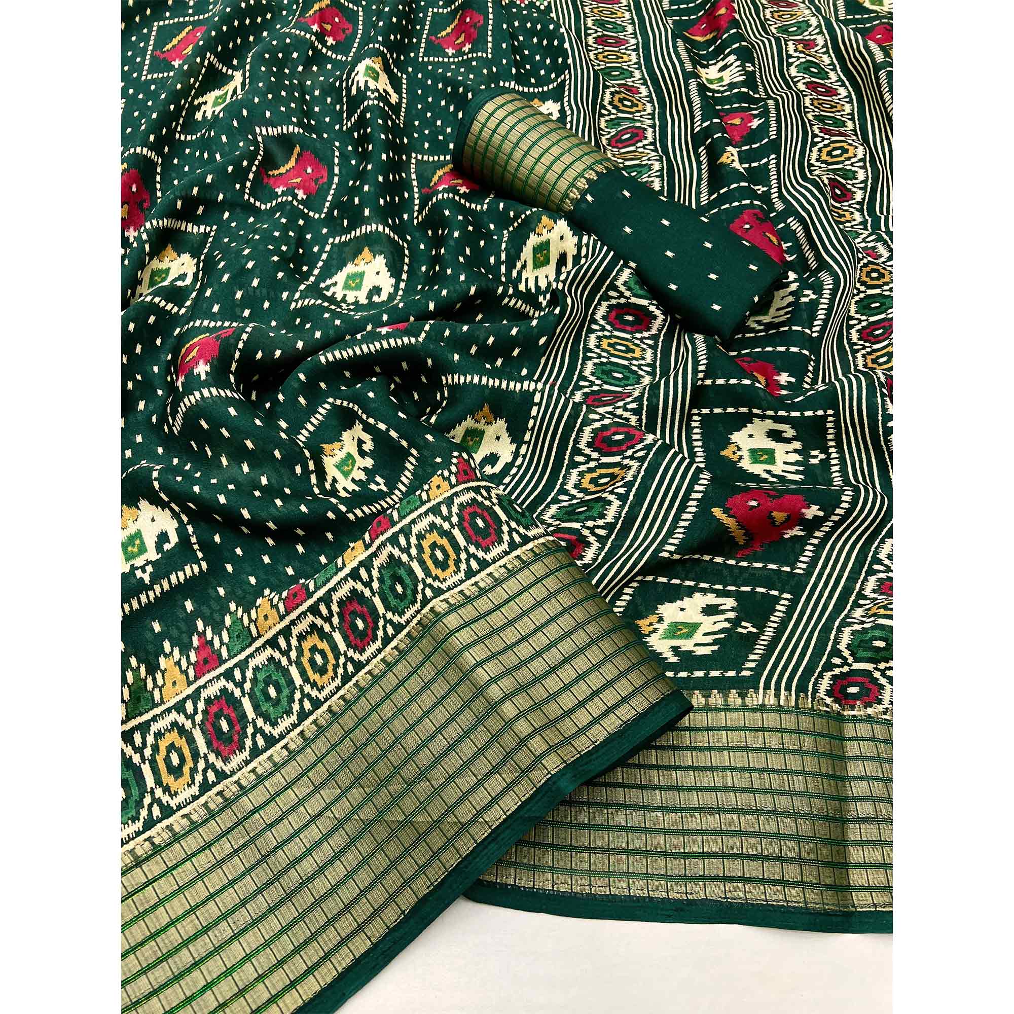 Green Printed Georgette Saree With Woven Border