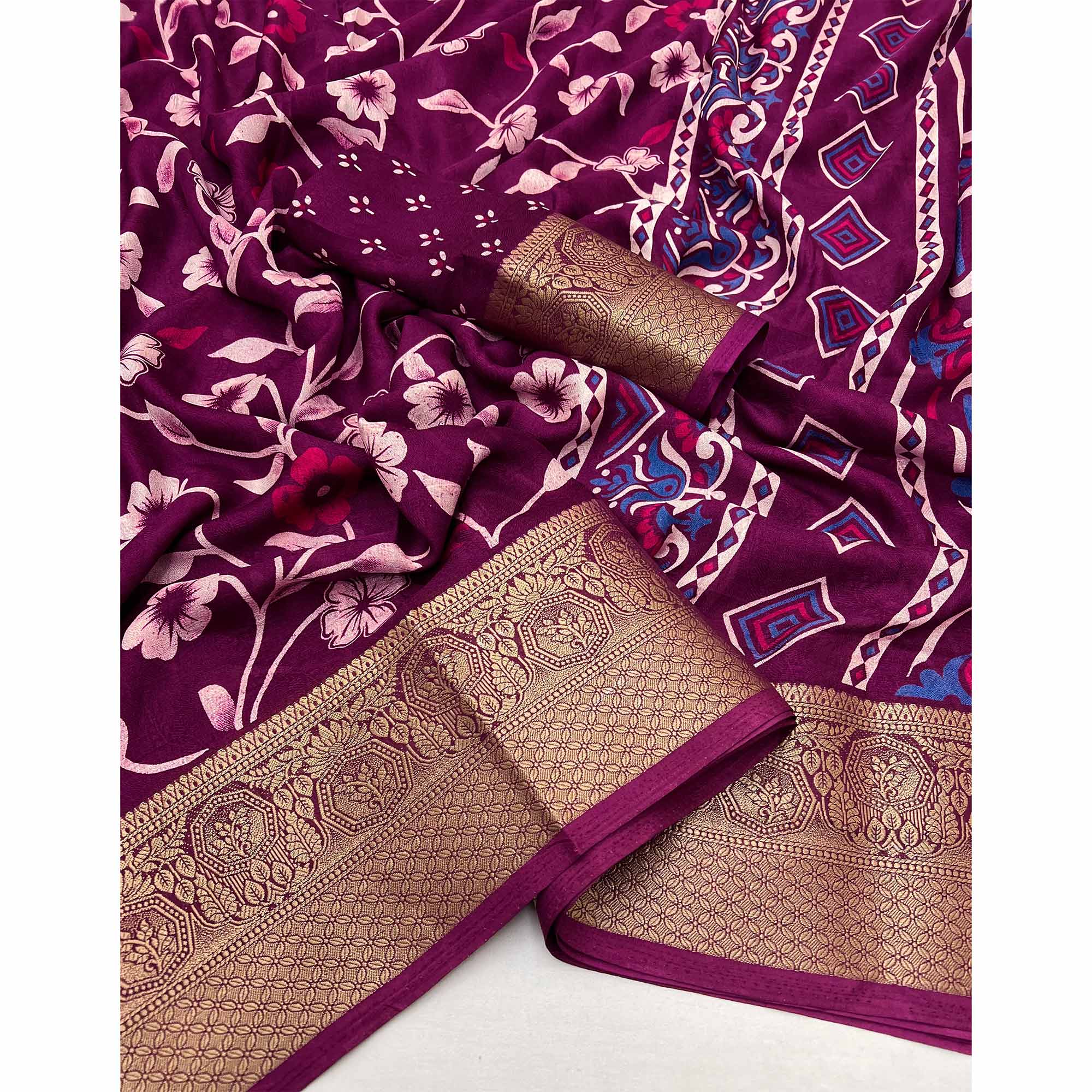 Wine Floral Printed Georgette Saree With Woven Border