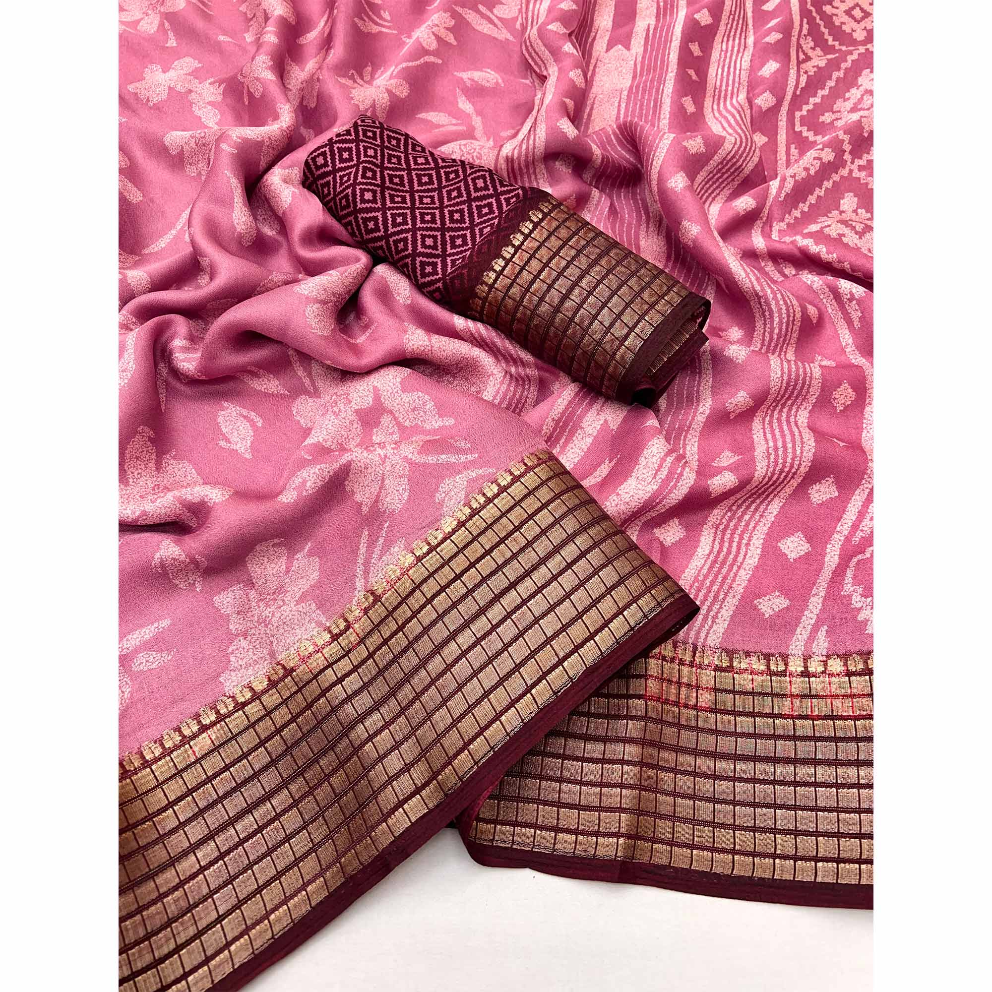 Pink Floral Printed Georgette Saree With Woven Border