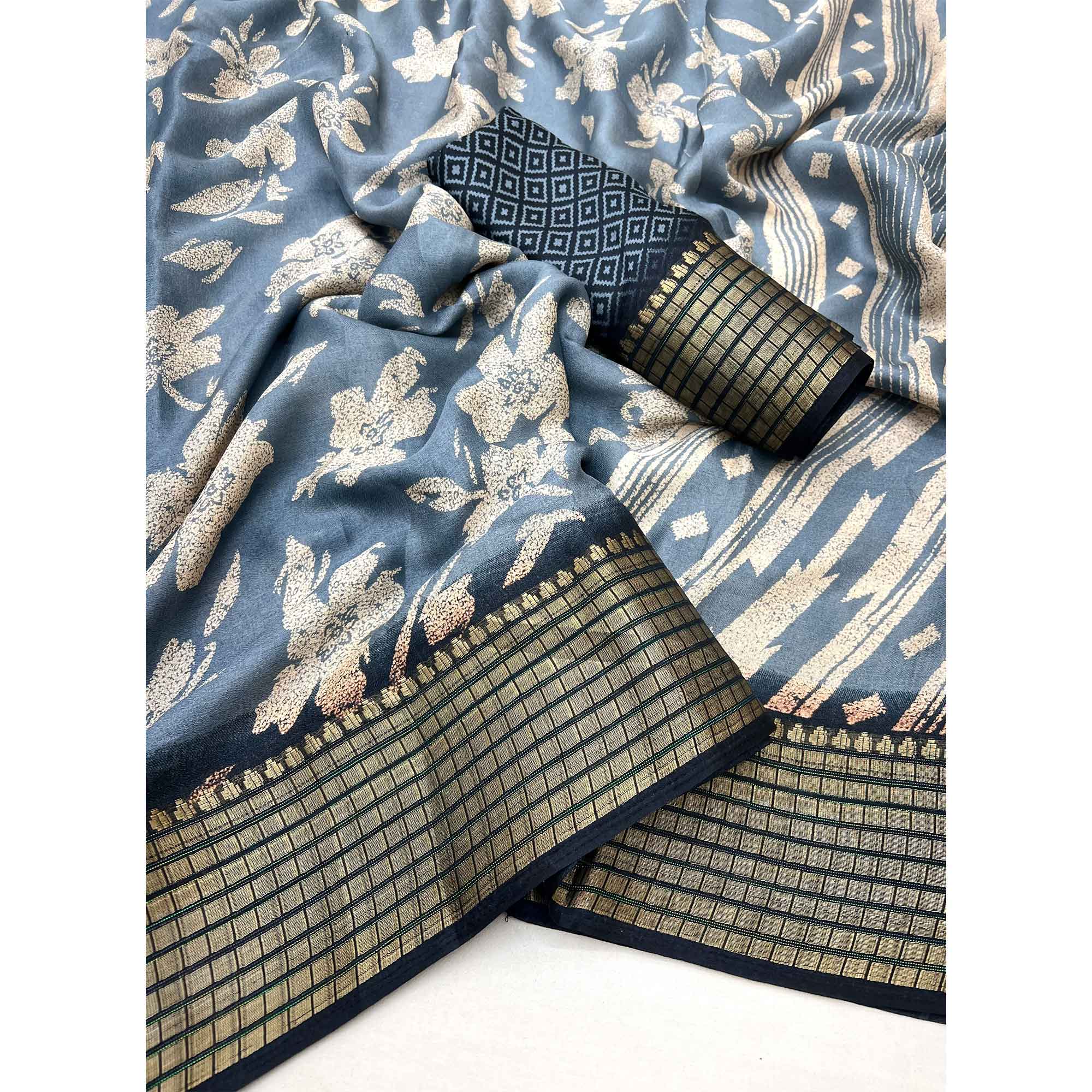 Grey Floral Printed Georgette Saree With Woven Border