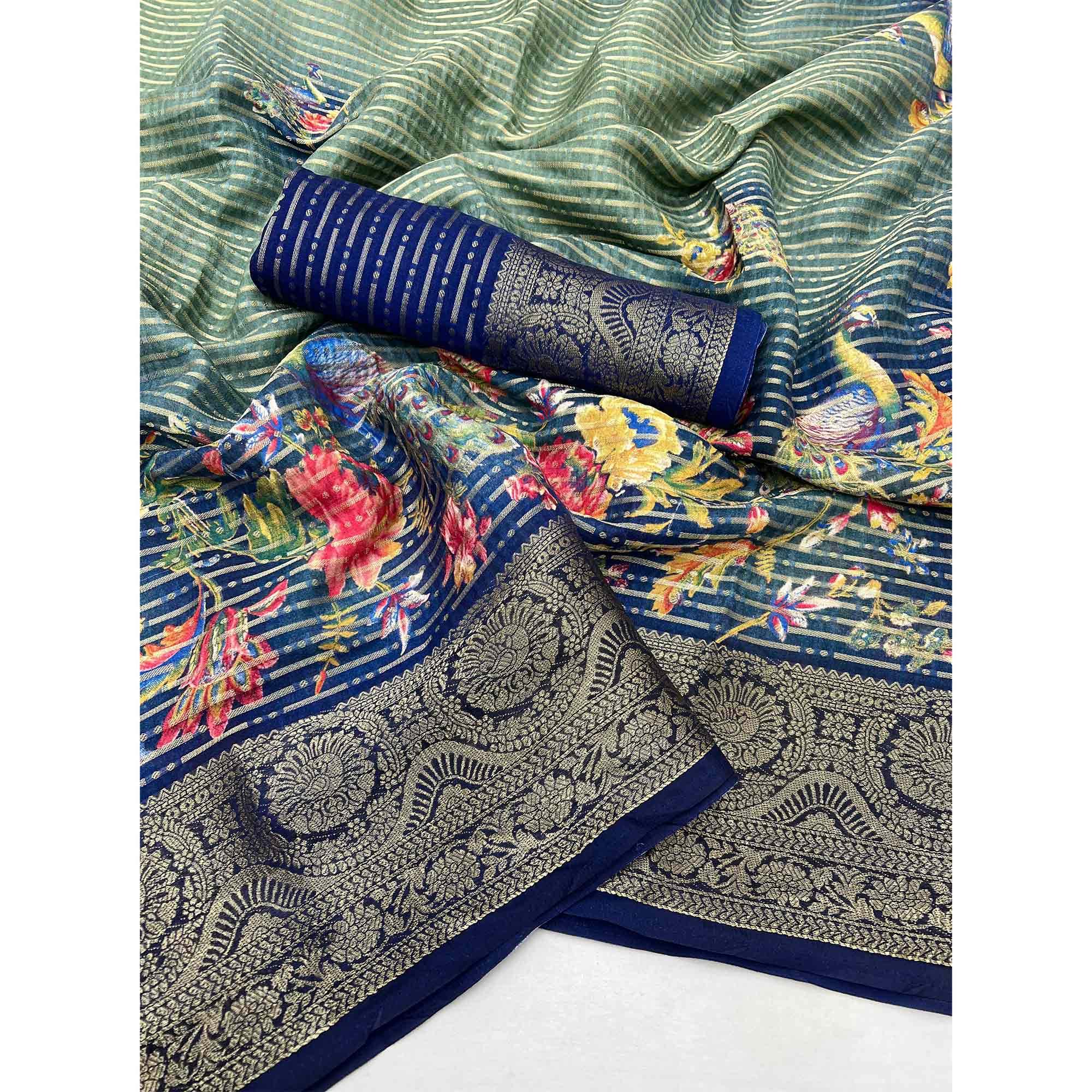 Blue & Green Floral Woven With Printed Georgette Saree