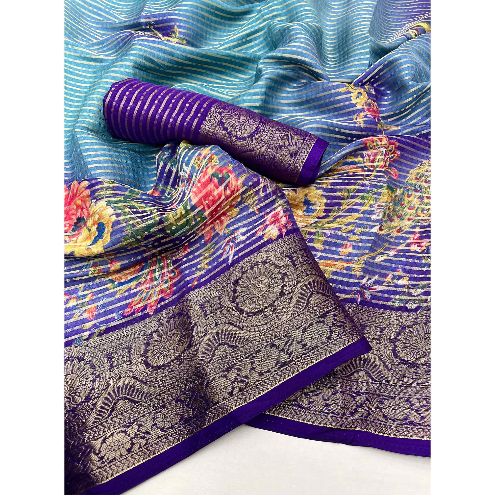 Violet & Blue Floral Woven With Printed Georgette Saree