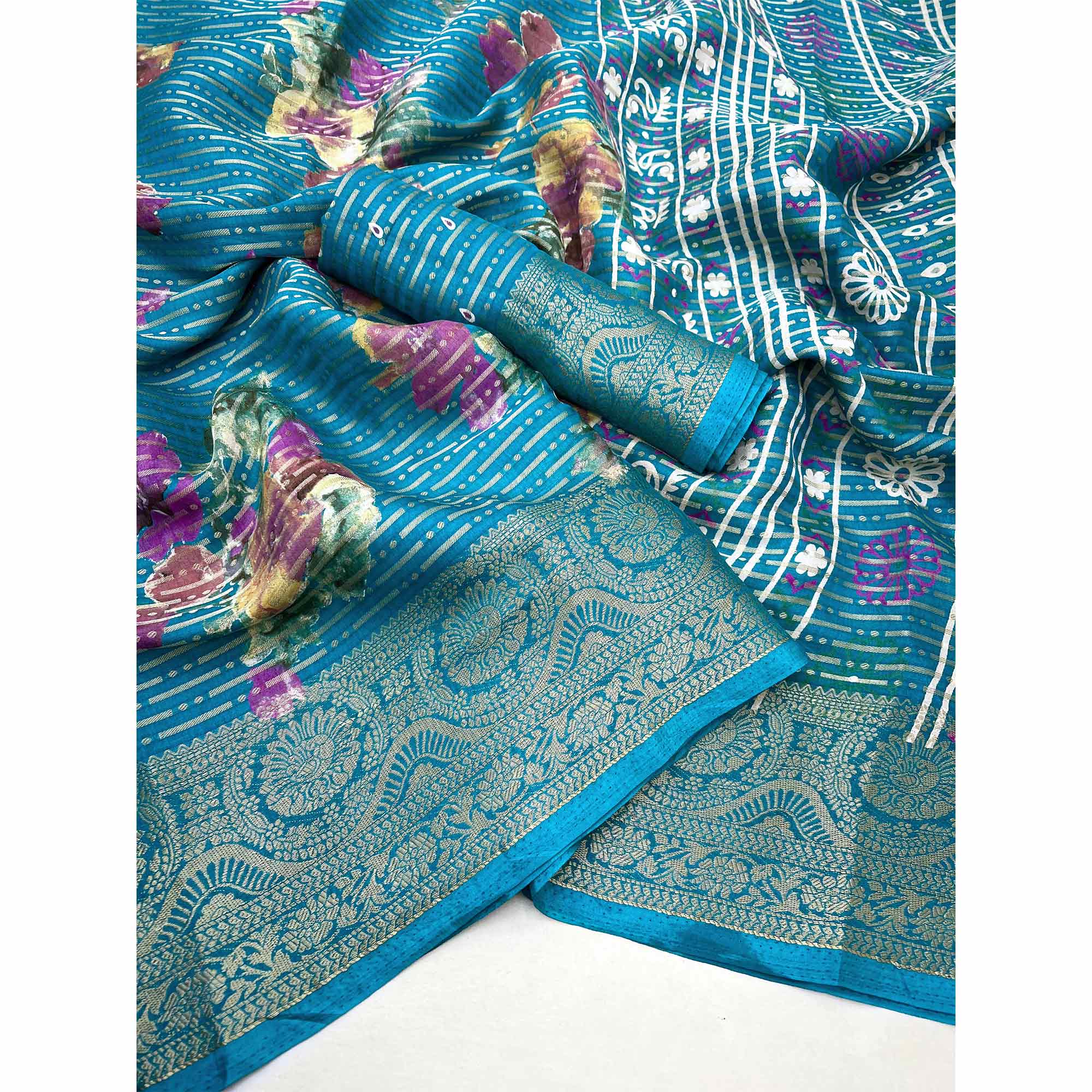 Blue Floral Woven With Printed Georgette Saree