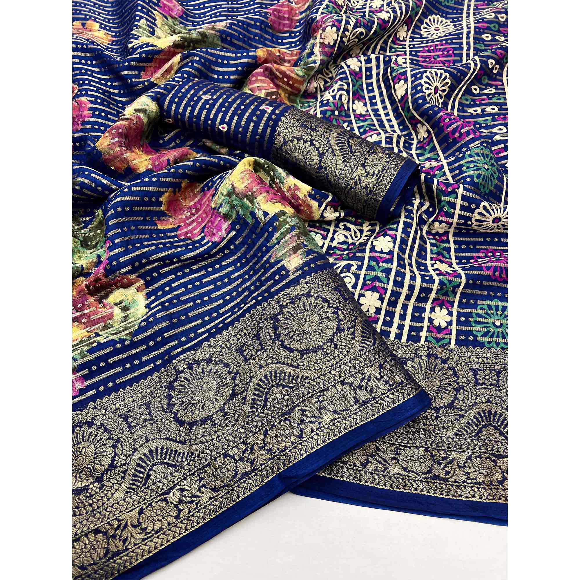 Navy Blue Floral Woven With Printed Georgette Saree