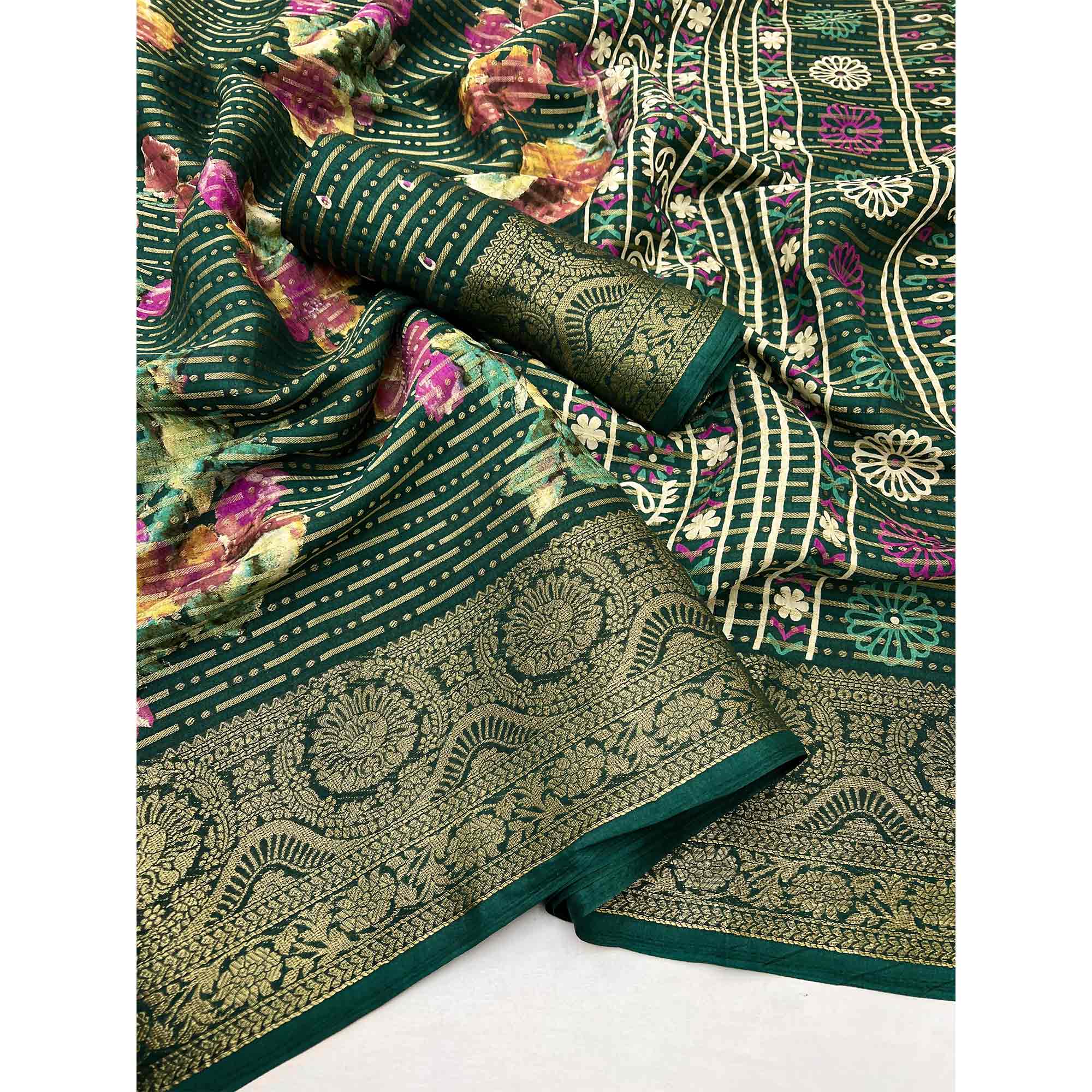 Green Floral Woven With Printed Georgette Saree