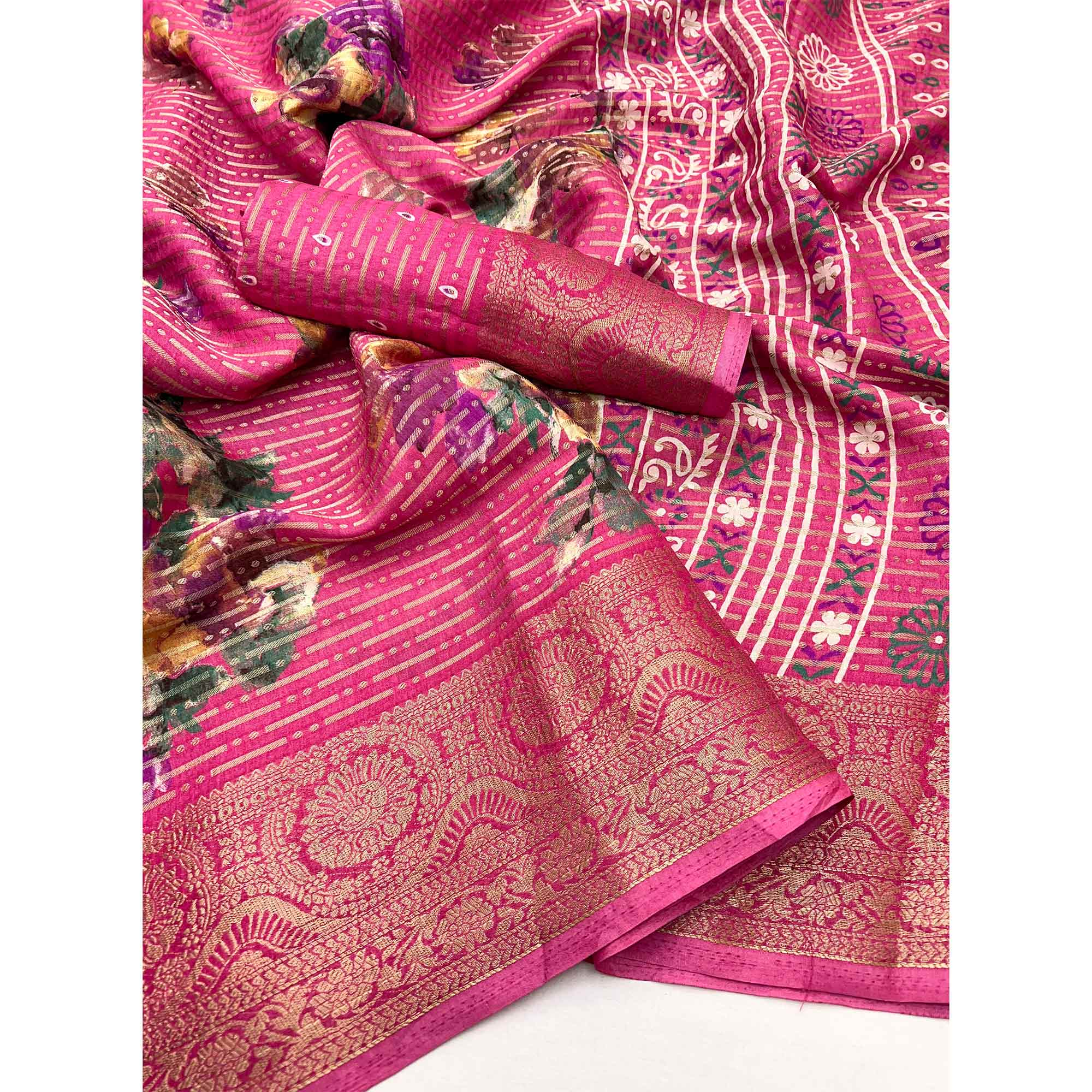 Pink Floral Woven With Printed Georgette Saree